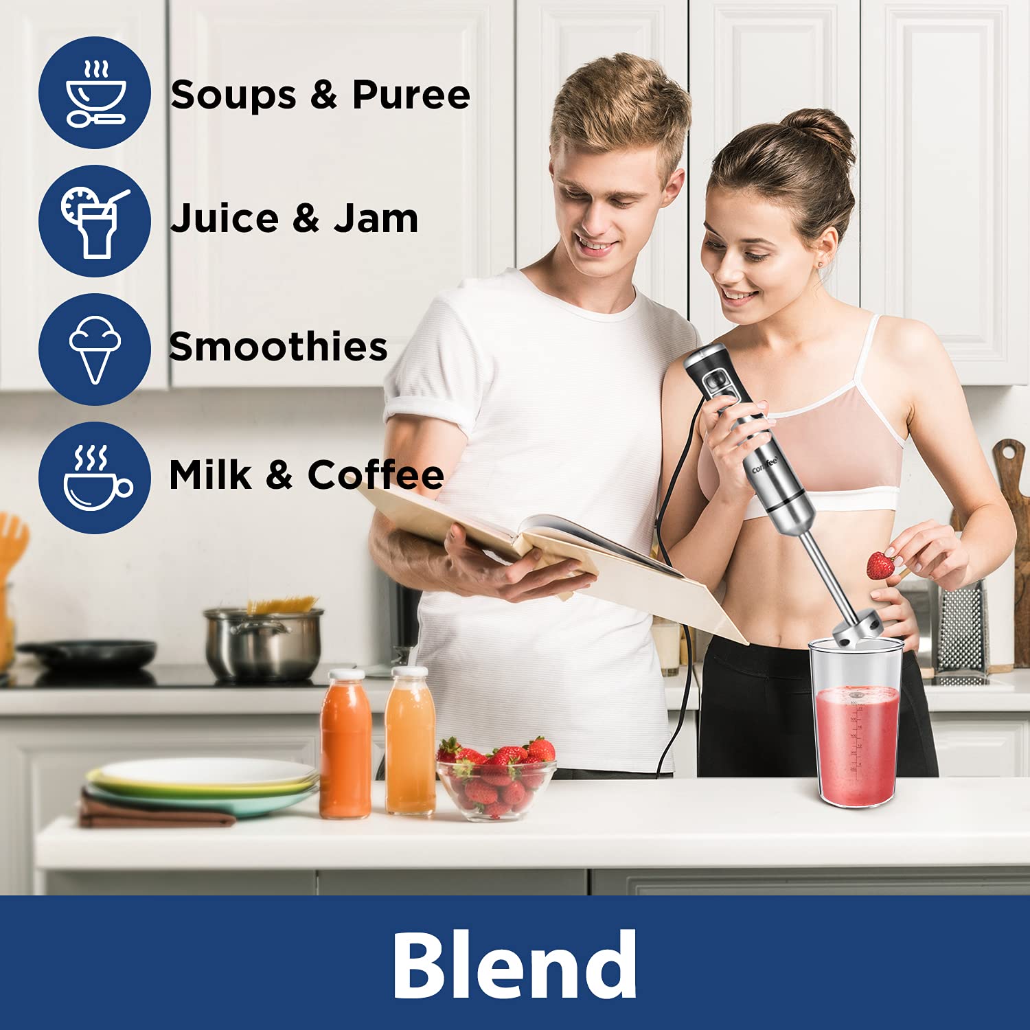 Comfee' Immersion Hand Blender, Brushed Stainless Steel, Multipurpose Stick Blender With 500 Watts, 600Ml Beaker, 500Ml Chopper And Whisk, Perfect For Baby Food, Smoothies, Sauces And Soups, Black