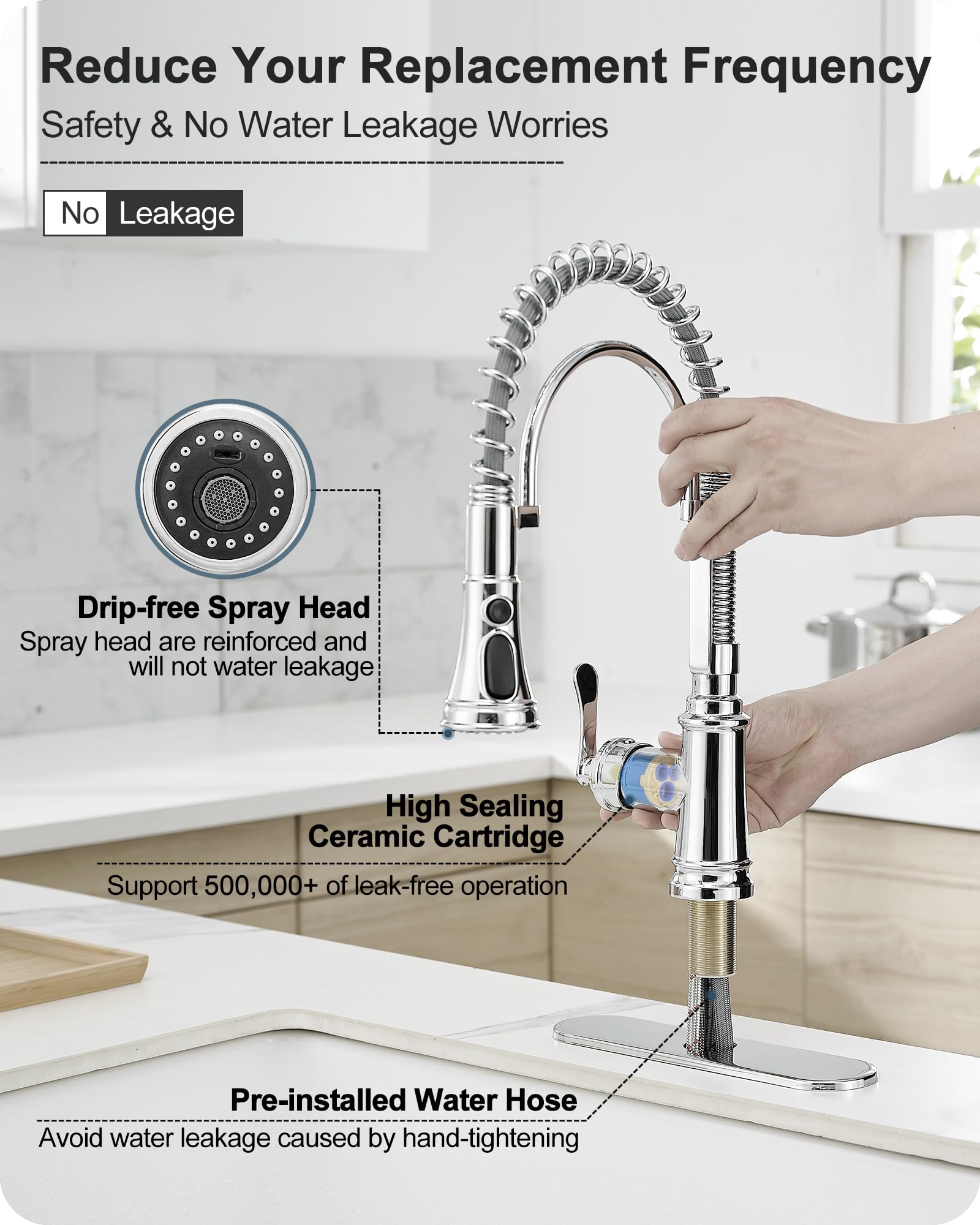 Hoigy Chrome Kitchen Sink Faucet With Sprayer, 3-Function Single Hole Kitchen Faucets 3 Hole, Single Handle Modern Kitchen Faucet, 360 Degree Swivel Spring Faucet For Kitchen Sink With Deck Plate