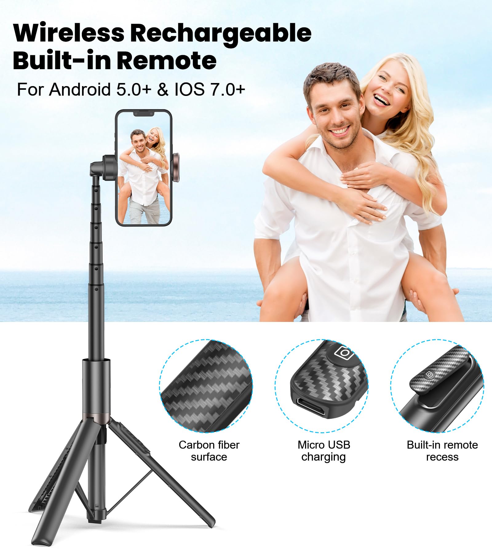 Toneof 60" Selfie Stick Tripod For Video,All-In-1 Extendable Cell Phone Tripod Stand With Integrated Remote,360° Rotate Lightweight & Portable Tripod For 4-7” Iphone/Android/Photo & Video Kits/Travel