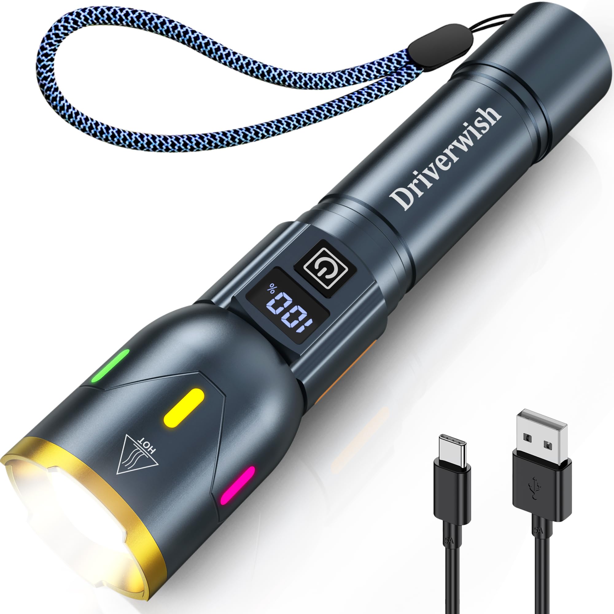Driverwish Rechargeable Flashlights 990000 High Lumens, Super Bright Led Flashlight Usb C, High Power Flashlight With 3Modes, Waterproof Flash Light, Versatile Tactical Flashlight For Emergencies,Camping,Hiking