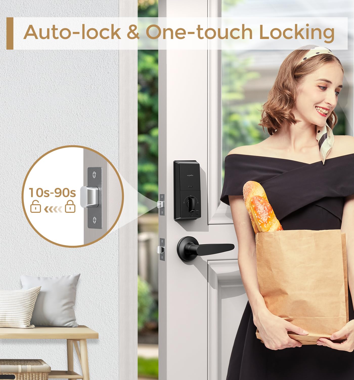 Arpha Smart Door Lock With Keypad & Bluetooth - Keyless Entry Handle Set, App Control, Auto Lock, Anti-Peep Code, 100 User Codes - Fits Us Standard Doors