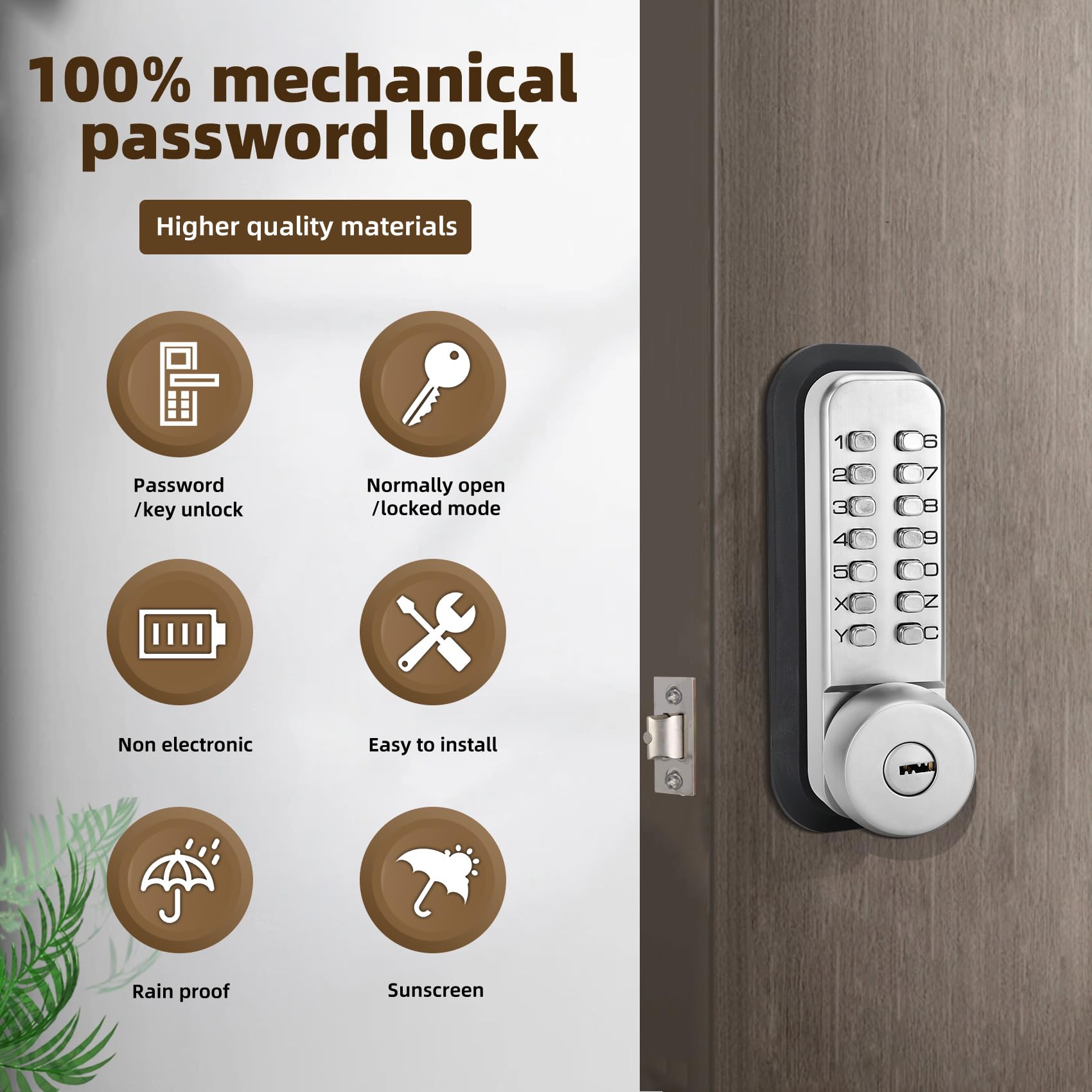Casmer Mechanical Keyless Entry Door Lock，Outdoor Keyless Gate Lock Waterproof And Sun Proof，Mechanical Door Lock，Auto Lock, No Electronic(Silvery，Large Cushion)