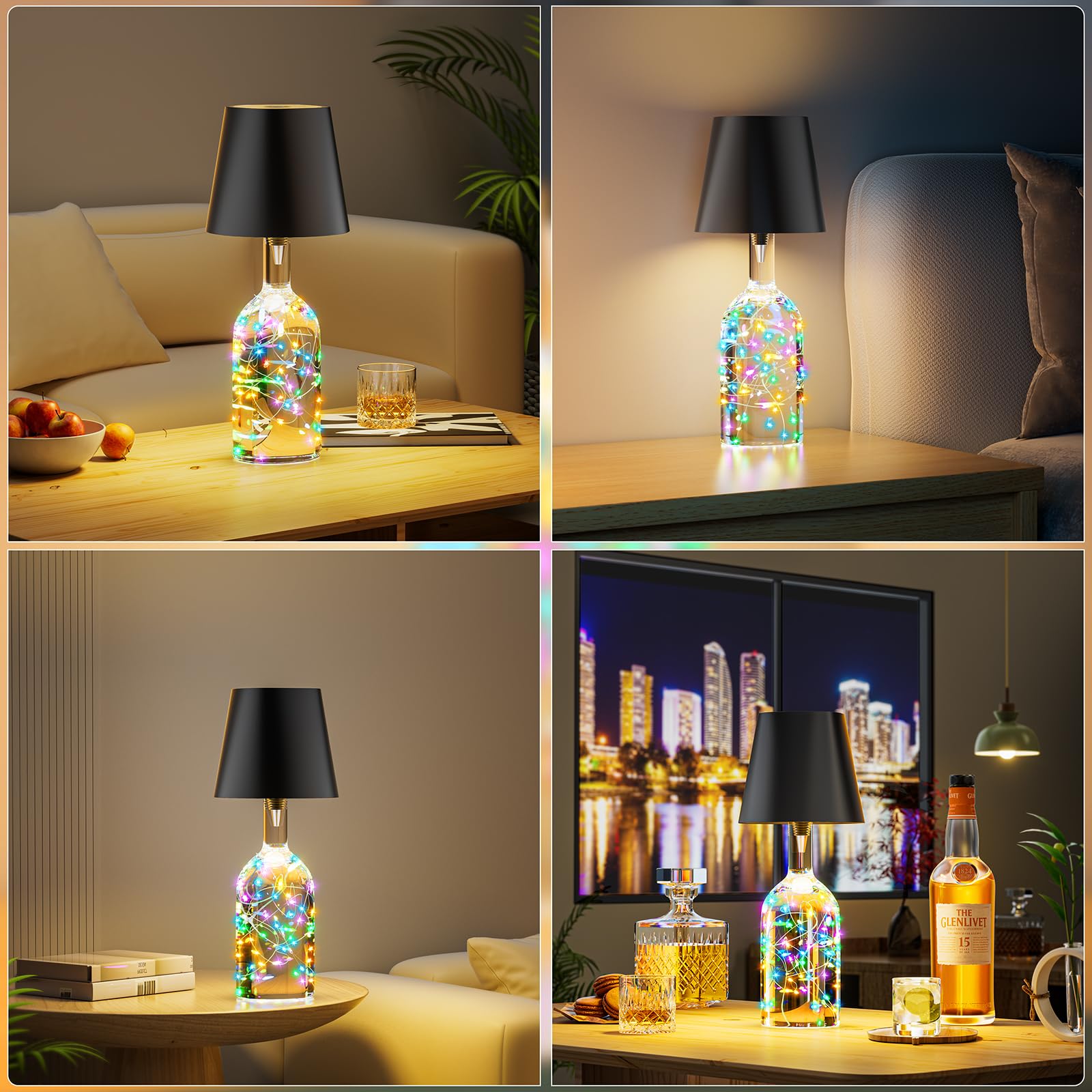 Homebest Wireless Bottle Lamp,Wine Bottle Lights With Remote,2000Mah Touch Table Lamp Shades With Rgb String Lights And Timer,5-Level Brightness &3 Color Temps Battery Operated Lamp For Living Room,Bar(2 Pack)