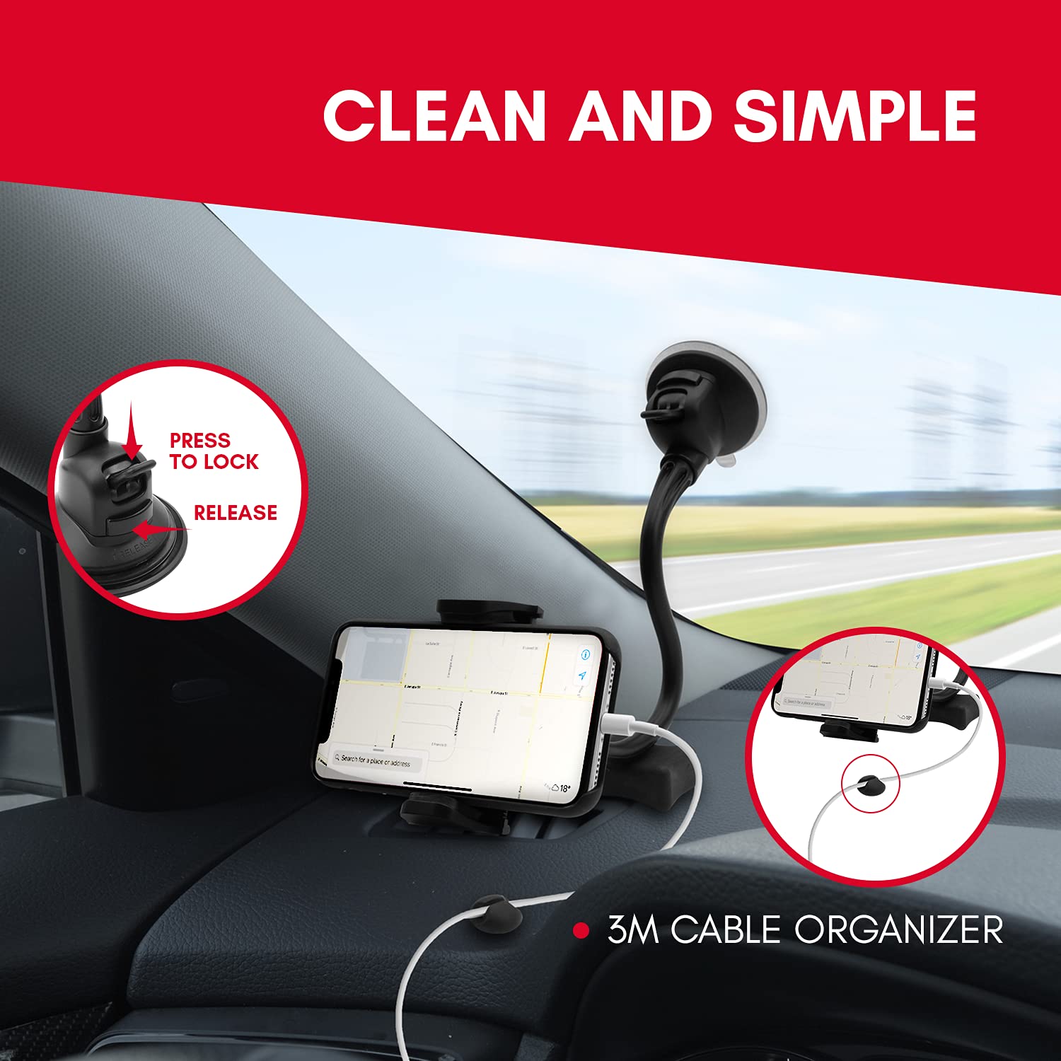 Macally Windshield Phone Mount For Car, Super Strong Suction Cup Phone Holder For Truck - Universal Gooseneck Window Phone Mount For Car, Compatible With Iphone, Samsung, Cell Phone, Android, Mobile