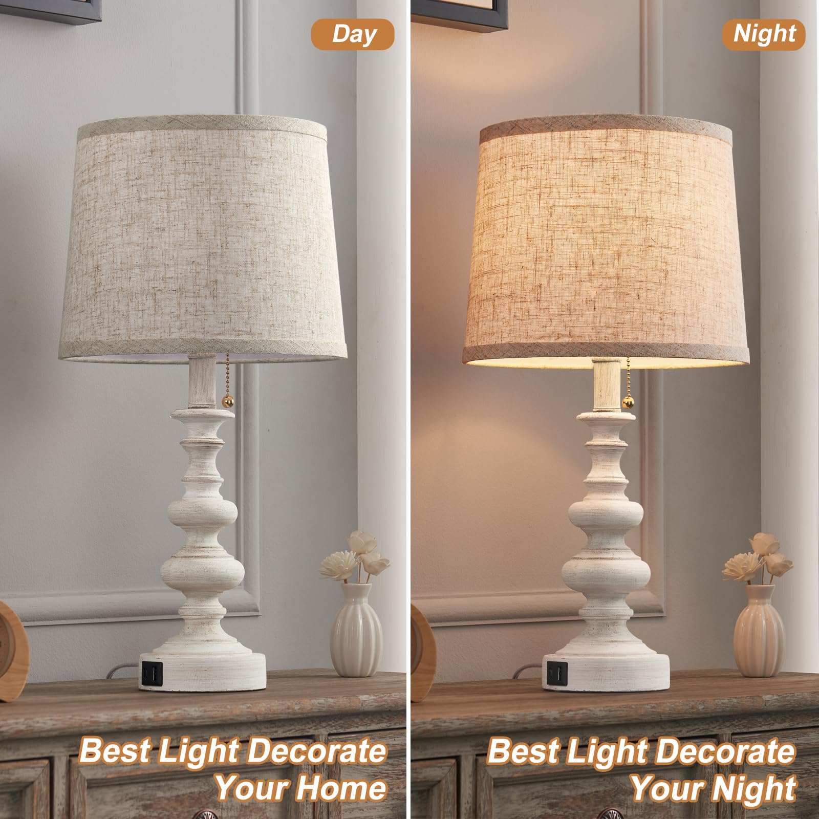 Bowobo 21'' Farmhouse Table Lamps For Bedroom Set Of 2 Rustic Bedside Lamps For Nightstand With Usb A+C Ports White Side Table Lamps For Living Room End Table Office Pull Chain