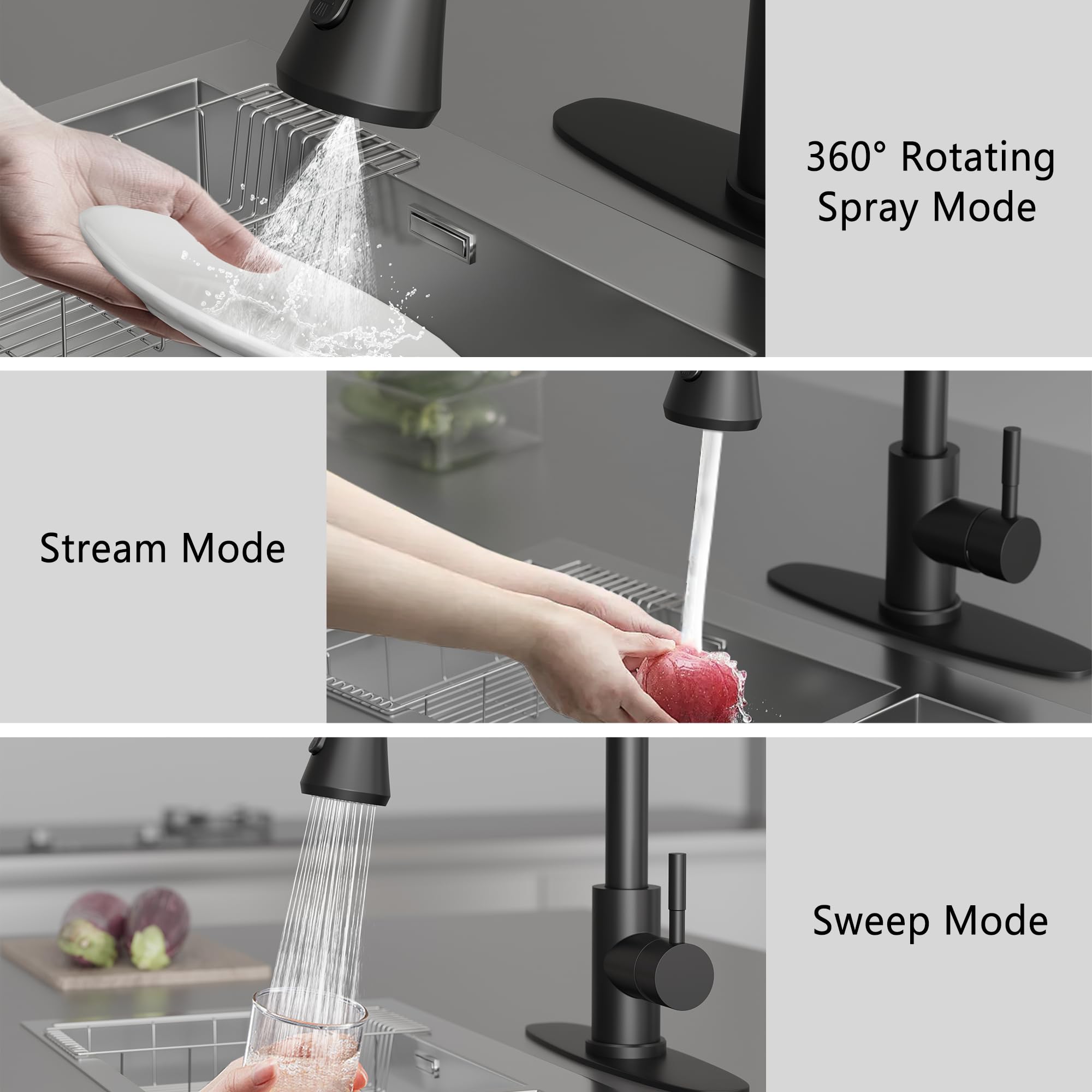 Vxv Kitchen Faucets, Matte Black Kitchen Faucet With Pull-Down Sprayer, Stainless Steel Sink Faucet For Farmhouse, Rv, And Bar, Pull Out Kitchen Faucet With Deck Plate And 1/2'' Adapters