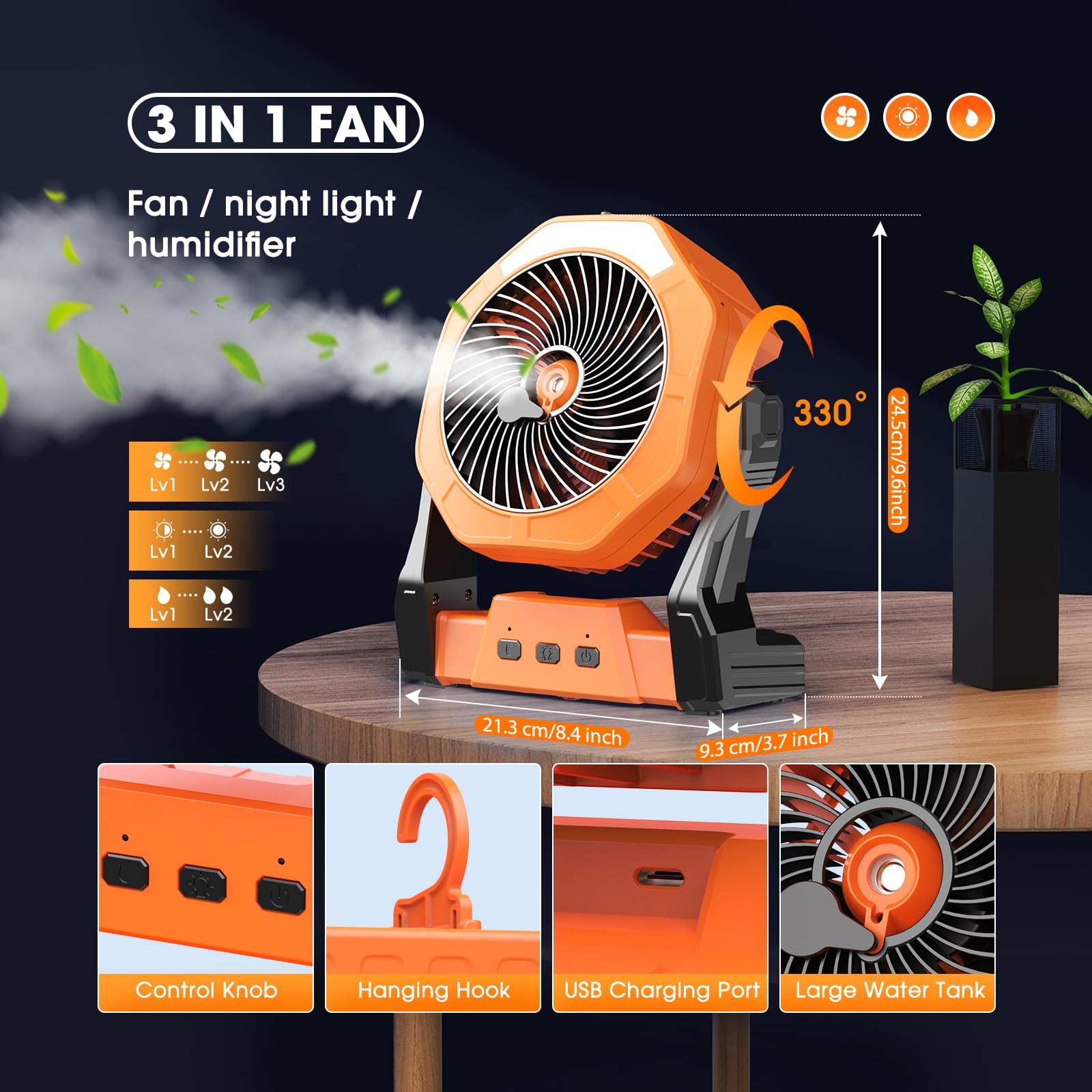 Portable Ausic misting fan, rechargeable battery, ideal for outdoor cooling, camping, and hot weather relief