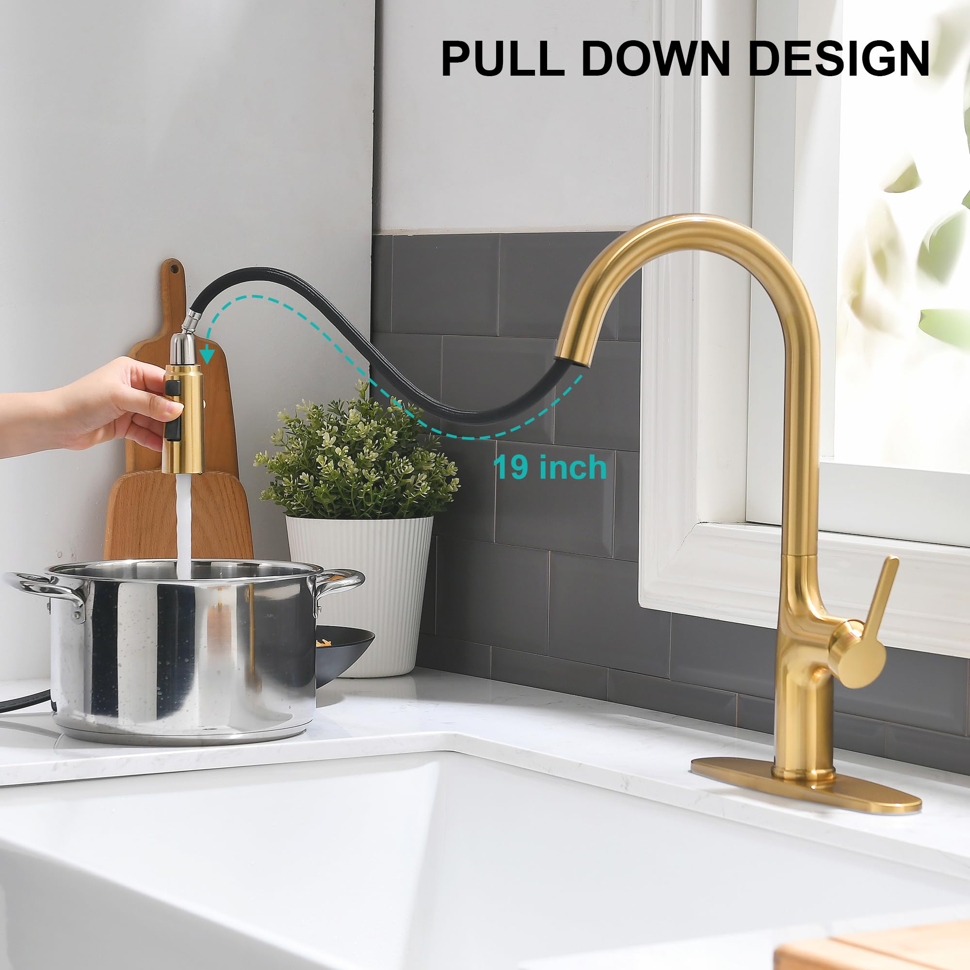 Fropo Brushed Gold Kitchen Faucet, Single Handle Gold Kitchen Sink Faucet With Pull Down Sprayer Modern Stainless Steel Brass Gold Faucet With Deck Plate 3-Function Spray Head 1 Or 3 Hole