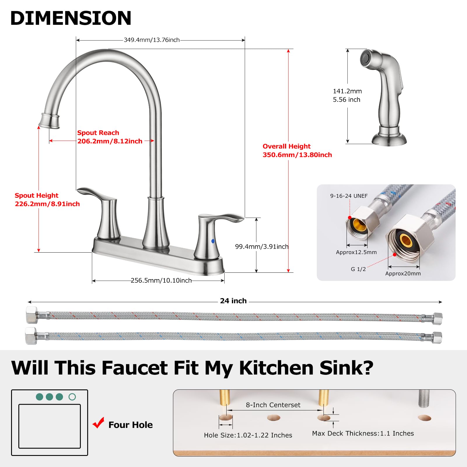 Parlos 8 Inch Two Handles High Arch Kitchen Sink Faucet With Side Sprayer & Supply Lines, Brushed Nickel, Demeter 14138