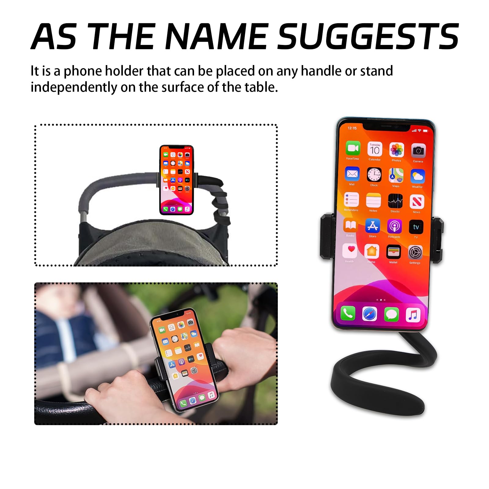 Llmsix Stroller Phone Holder Portable Cell Phone Holder Stroller Phone Mount With Non-Slip Flexible Arm Flexible Phone Holder Stroller Accessories For Treadmill Spin Bike Shopping Cart Car Kitchen