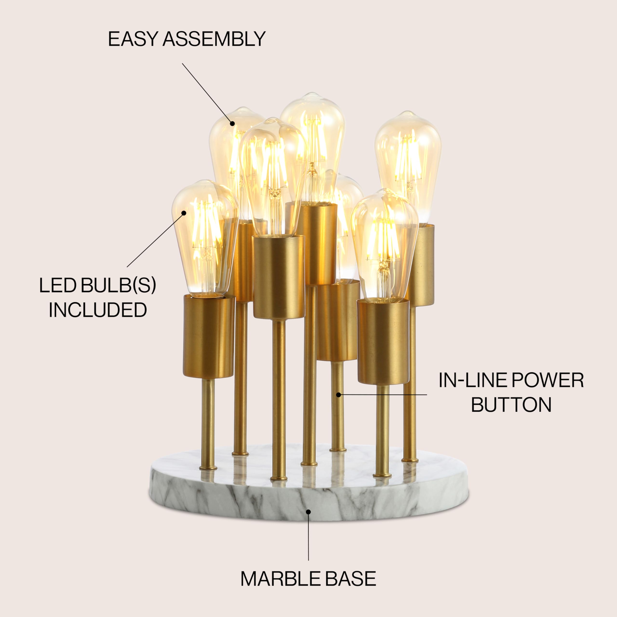 Jonathan Y Jyl1060A Pleiades 13.5" Modern Metal/Resin Led Accent Edison Table Lamp Glam Modern Bedside Desk Nightstand Desk Lamp For Bedroom Living Room Office College, Brass Gold/White