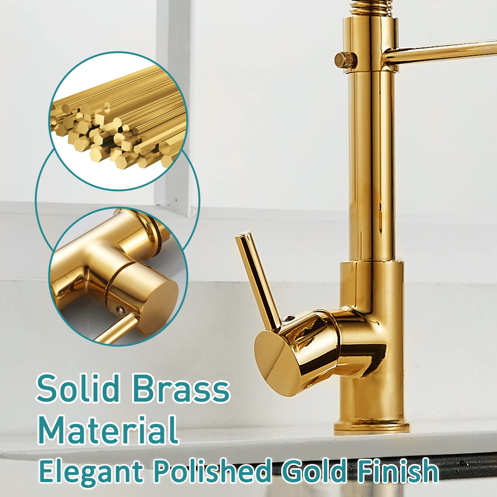 Fvita Kitchen Faucet With Pull Down Sprayer Polished Gold Kitchen Sink Faucet Single Handle Spring Single Hole Faucet For Kitchen Sink