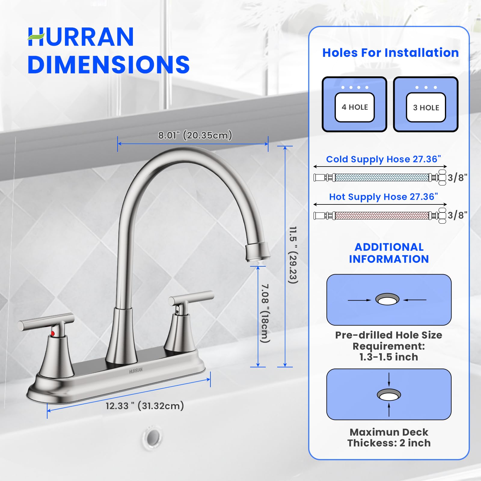Hurran 2 Handle Kitchen Sink Faucet, 8 Inch High Arc 360°Swivel Kitchen Sink Faucet, 2 Or 3 Hole Kitchen Faucet Without Side Sprayer, Centerset Rv Kitchen Faucet With Stainless Steel Pipe, Nickel