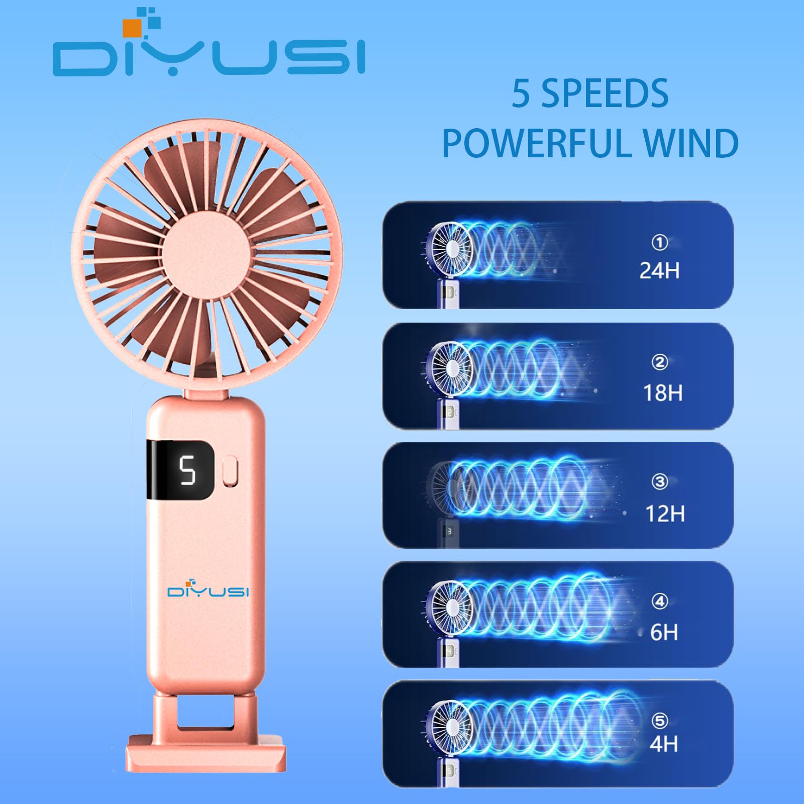 Portable Foldable Handheld Mini Fan, 2000Mah Rechargeable Usb Battery, With Battery Level