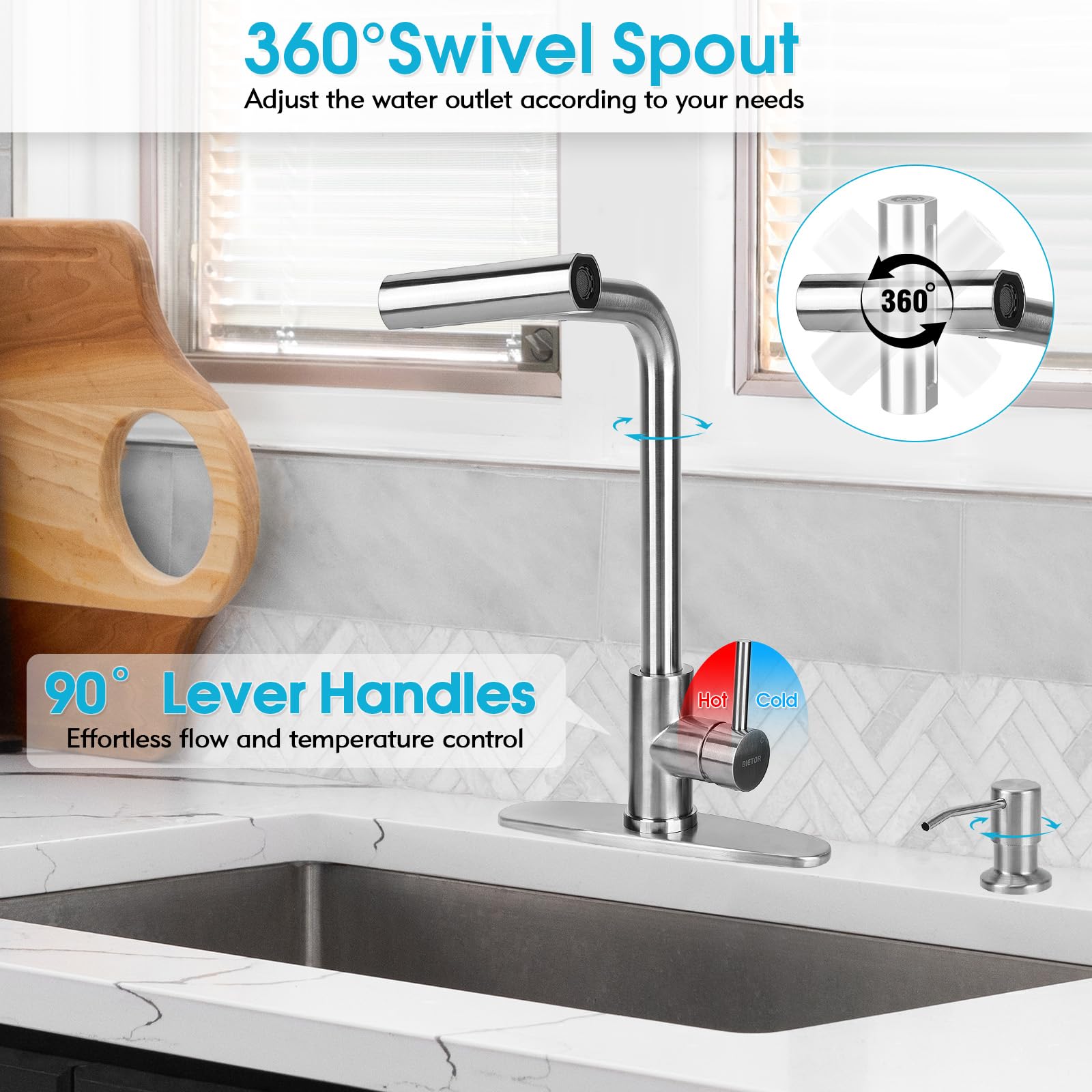 Bietor 4 Mode Kitchen Faucet With Soap Dispenser Brushed Nickel, Kitchen Sink Faucet With Pull Down Sprayer, Waterfall Modern Kitchen Faucet, Stainless Steel Single Handle Faucet For Kitchen Sink, Rv