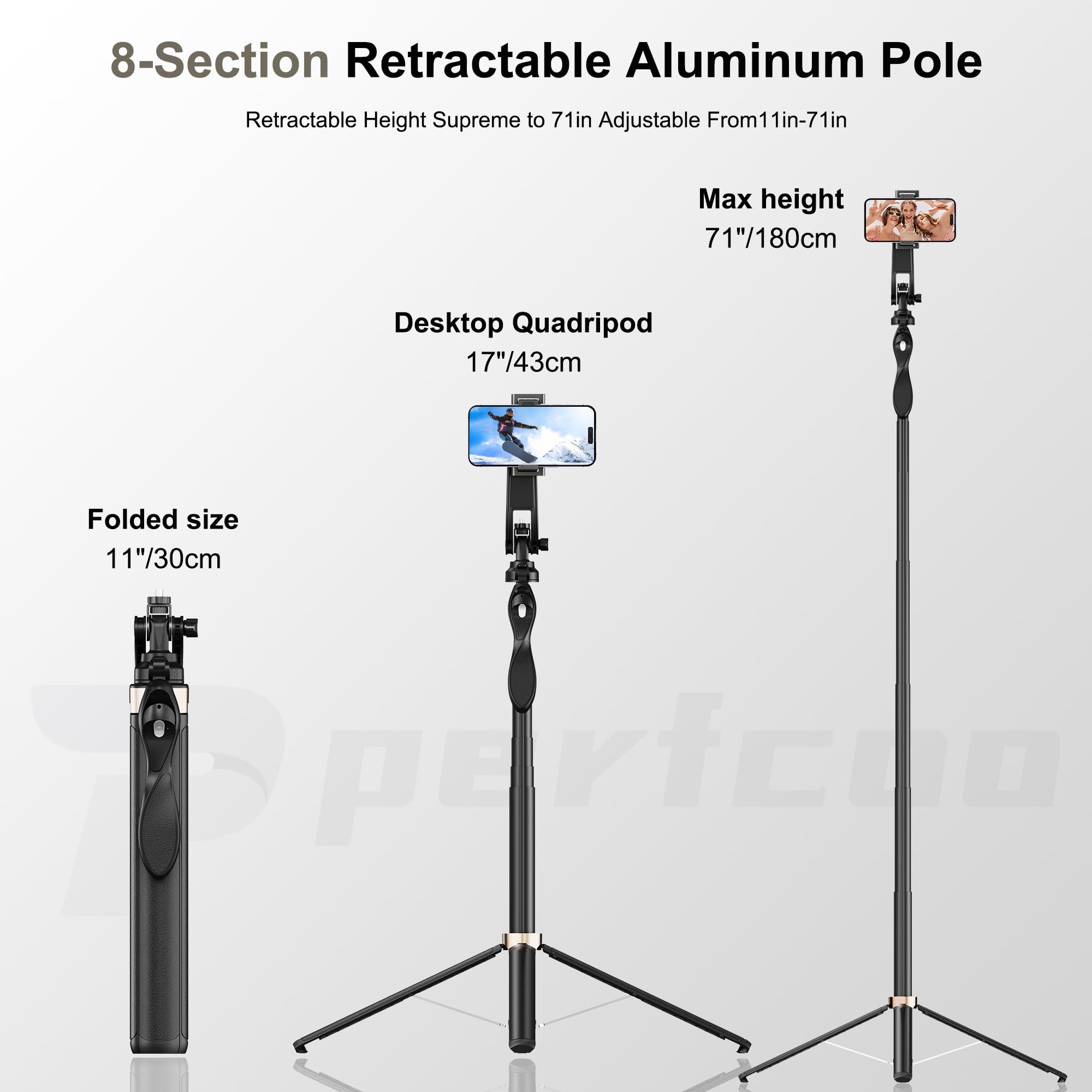 Pperfcoo Cell Phone Selfie Stick 71" Selfie Stick Tripod Phone Quadripod Stand With Remote For Group Selfies/Live Streaming/Video Recording For Iphone/Android Series And Go Pro/Camera
