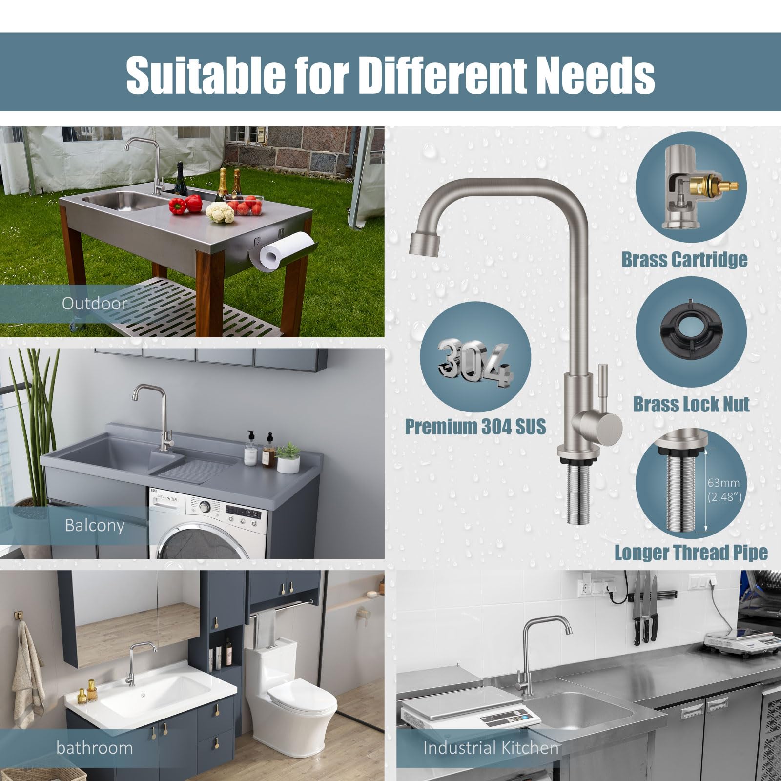 Aolemi Cold Only Water Kitchen Faucet Commercial Bar Tap Single Lever Handle 304 Stainless Steel Brushed Nickel Decked Mounted Single Hole Modern