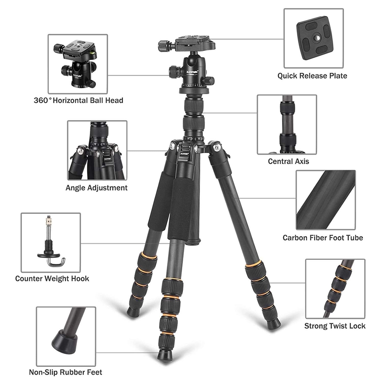Yessbon Zomei Carbon Fiber Q666C Tripod Heavy Duty Lightweight Travel With 360 Degree Ball Head Compact For Canon Sony, Nikon, Samsung, Panasonic, Olympus, Kodak, Fuji, Cameras And Dslr