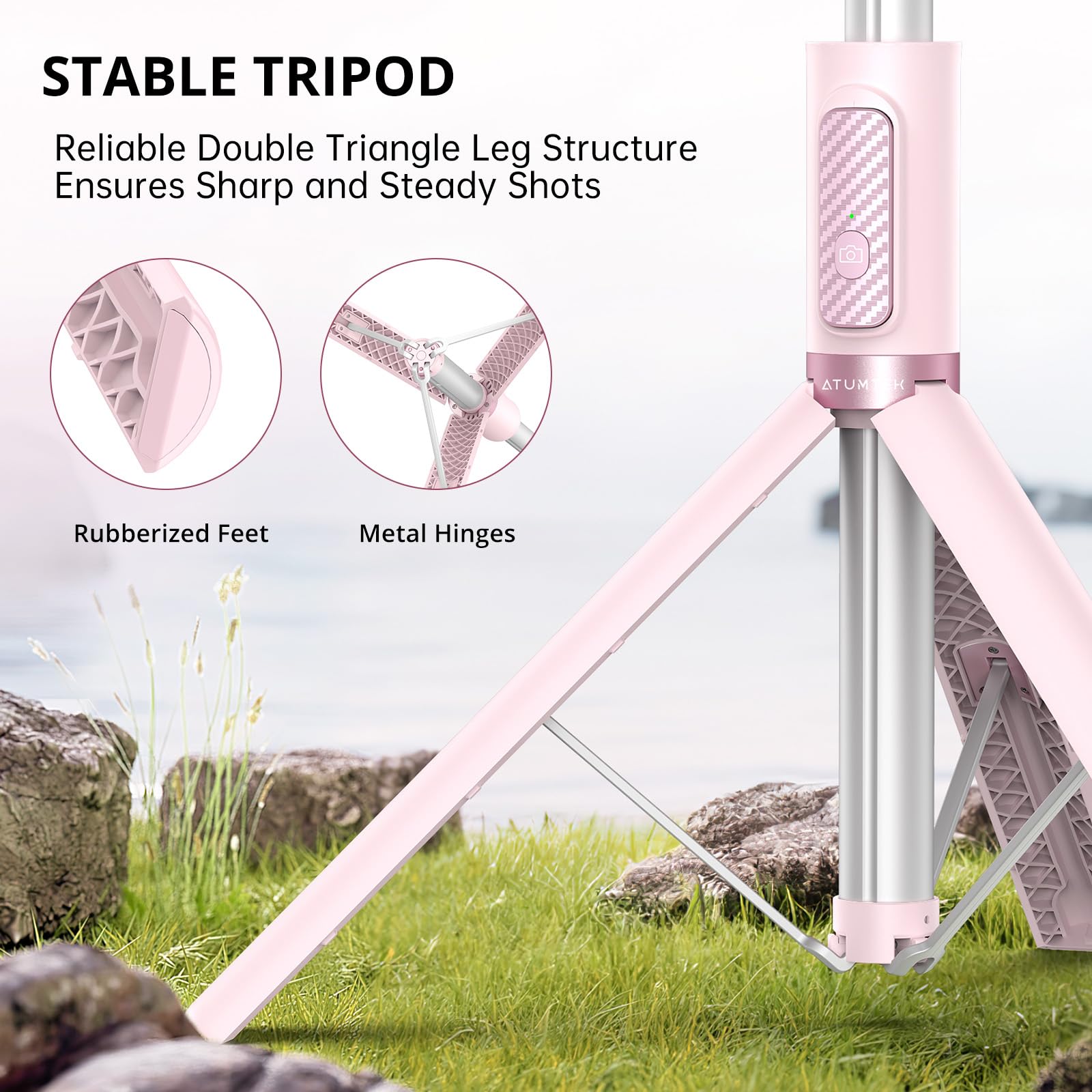 Atumtek 55" Selfie Stick Tripod, All-In-One Extendable Aluminum Phone Tripod With Rechargeable Bluetooth Remote For Iphone, Samsung, Google, Lg, Sony And More, Fitting 4.7-7 Inch Smartphones, Pink