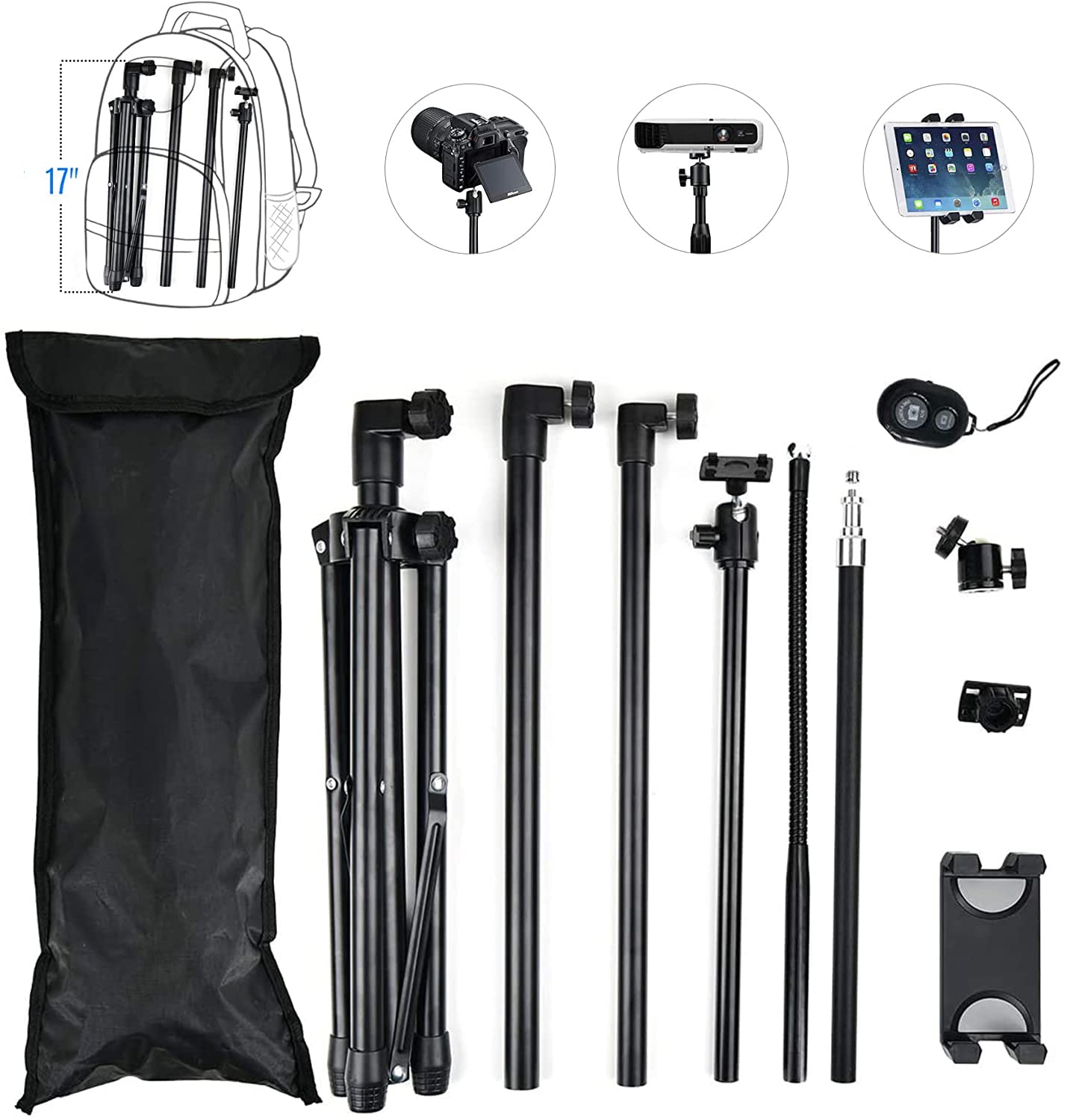 Nunet Tablet Tripod For Ipad Pro Floor Stand Tripod Mount For Surface Pro Samsung Tab S9+ Holder Stand W. Remote 360° Rotating Adjustable 68" Tall For All 5.8-12.9" Phone/Tablet