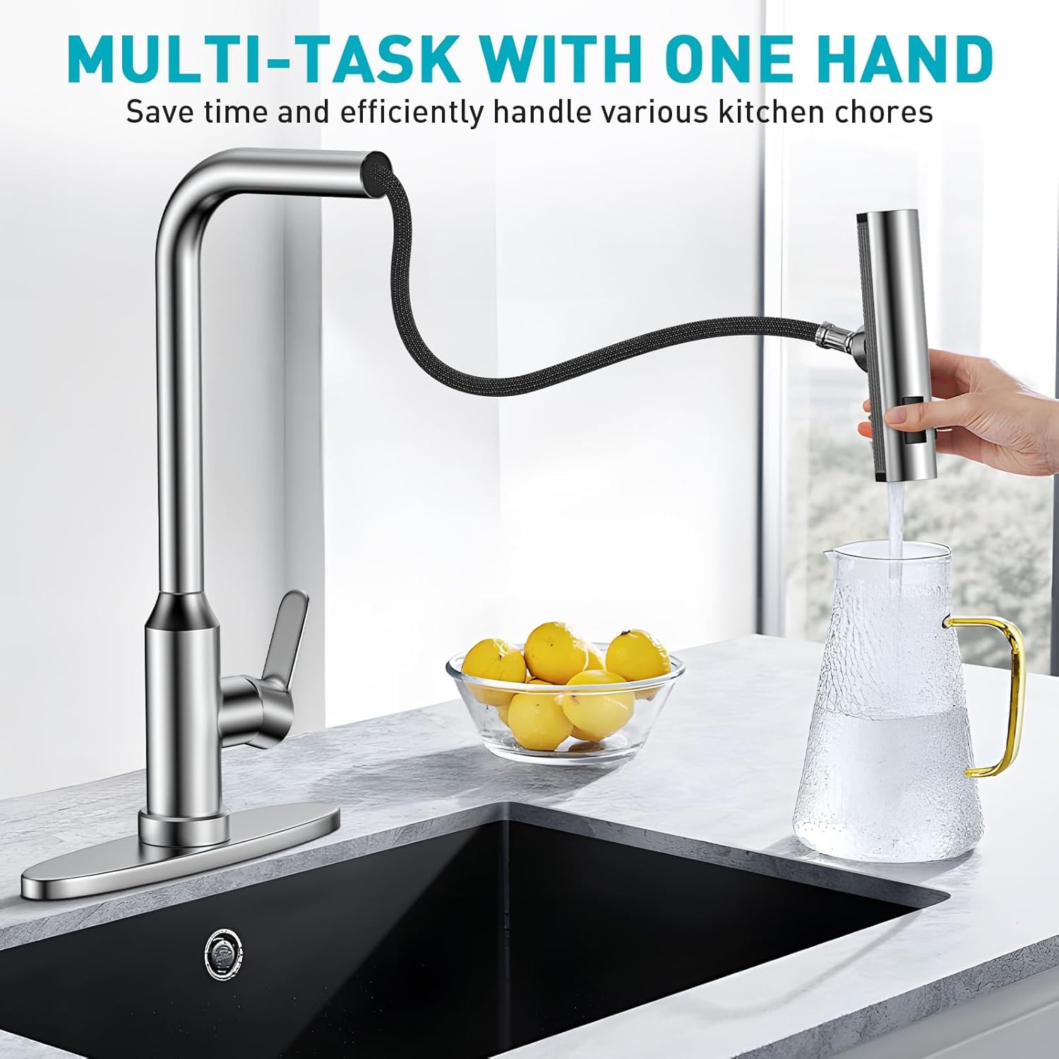 Tedflop Kitchen Faucet With Pull Down Sprayer - Stainless Steel Kitchen Sink Faucets 3 In 1 Function, Waterfall 360° Swivel Kitchen Faucet, Bar, Laundry, Rv,Farmhouse（Brushed）