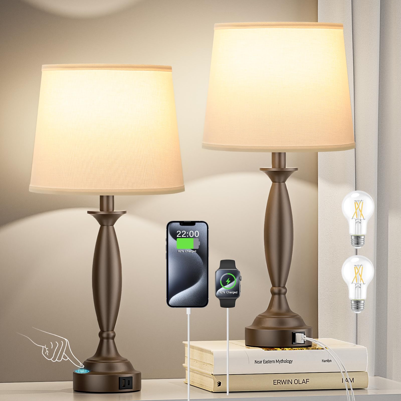 Seealle White Brown Lamps For Bedrooms Set Of 2 - Touch Control Bedside Lamp With Usb C+A, 3 Way Dimmable Nightstand Lamps With Usb Port, Table Lamp For Living Room(White Shade And Brown Base)