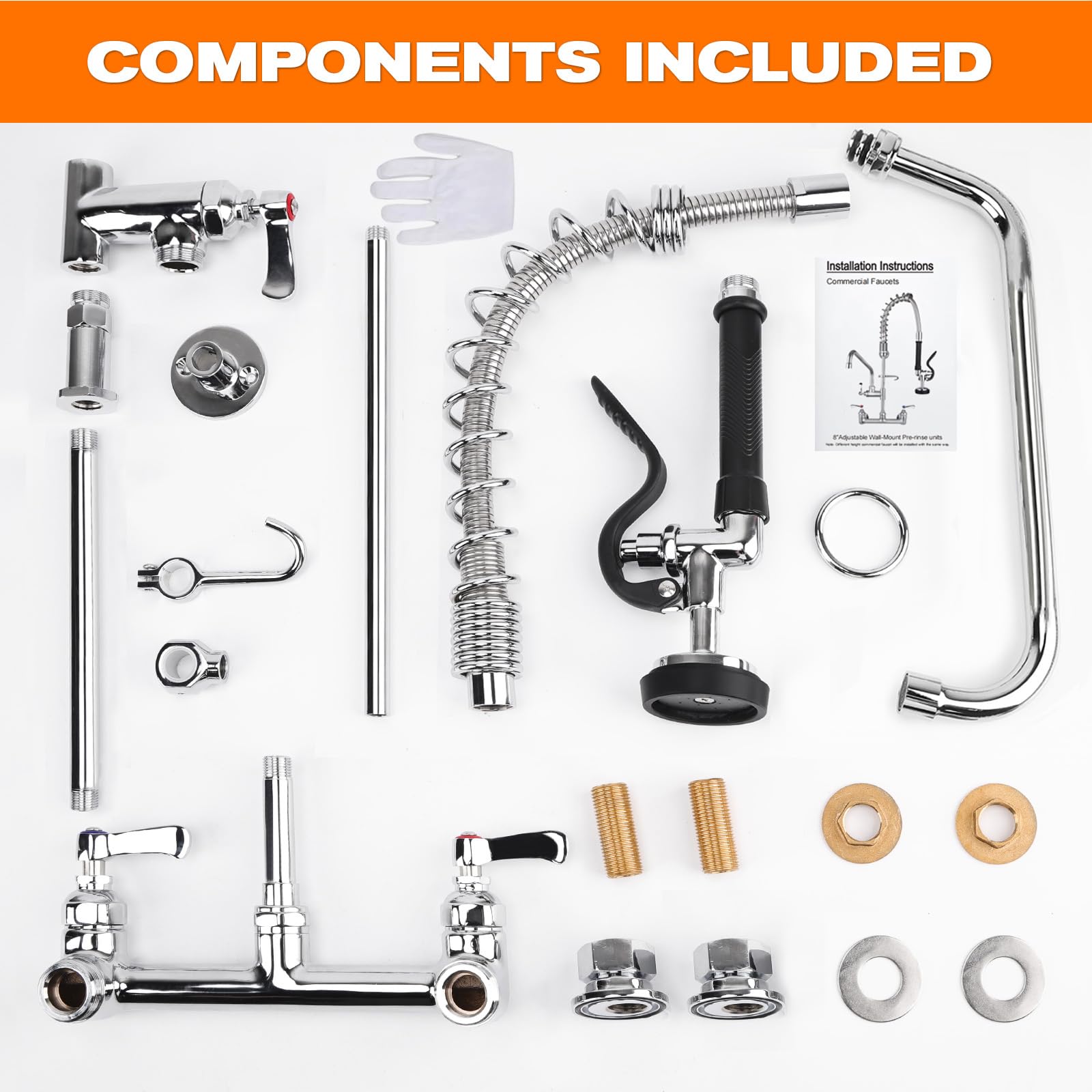 Bzimak 25" Height Commercial Faucet With Sprayer, 8" Adjustable Center & 12" Add-On Swing Spout, Wall Mount Pre Rinse Faucet For Restaurant Kitchen (Chrome)