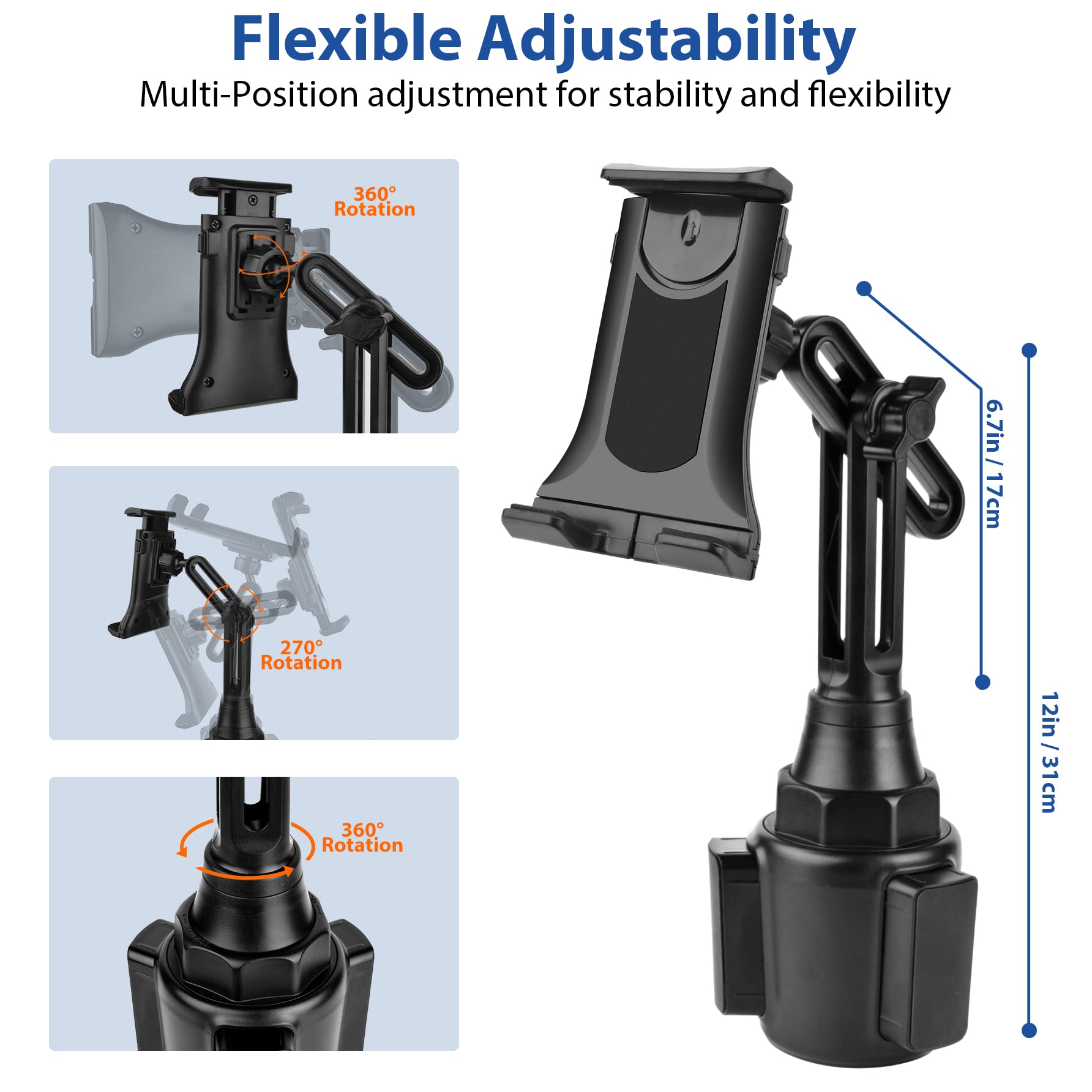 Lequiven Car Cup Phone Holder/Tablet Cup Holder Mount For Galaxy S25 Ultra/S25+/S25/S24 Ultra/S24/S24+/S23 Ultra/S23/S22/Z Fold 5/S22/S21/Ipad Mini 6, For Iphone Series And Other Devices Under 13"