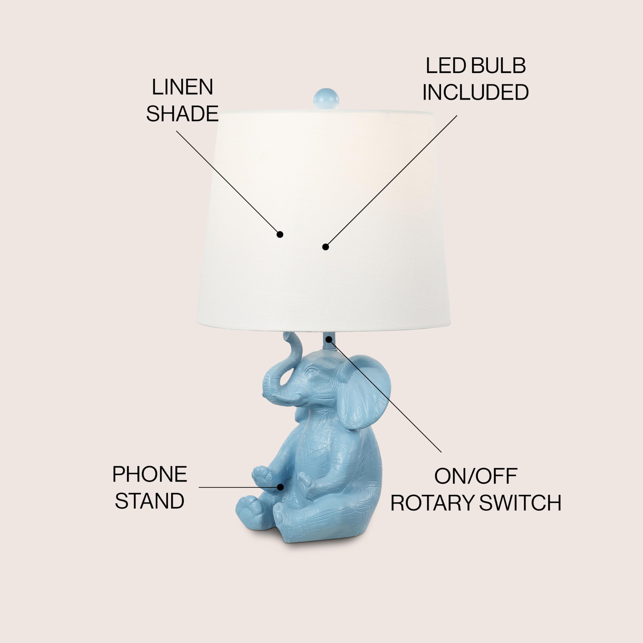 Jonathan Y Jyl4060C Kairi 21" Modern Shabby Chic Resin/Iron Happy Elephant Led Kids' Table Lamp With Phone Stand For Bedroom, Living Room, Office, Blue