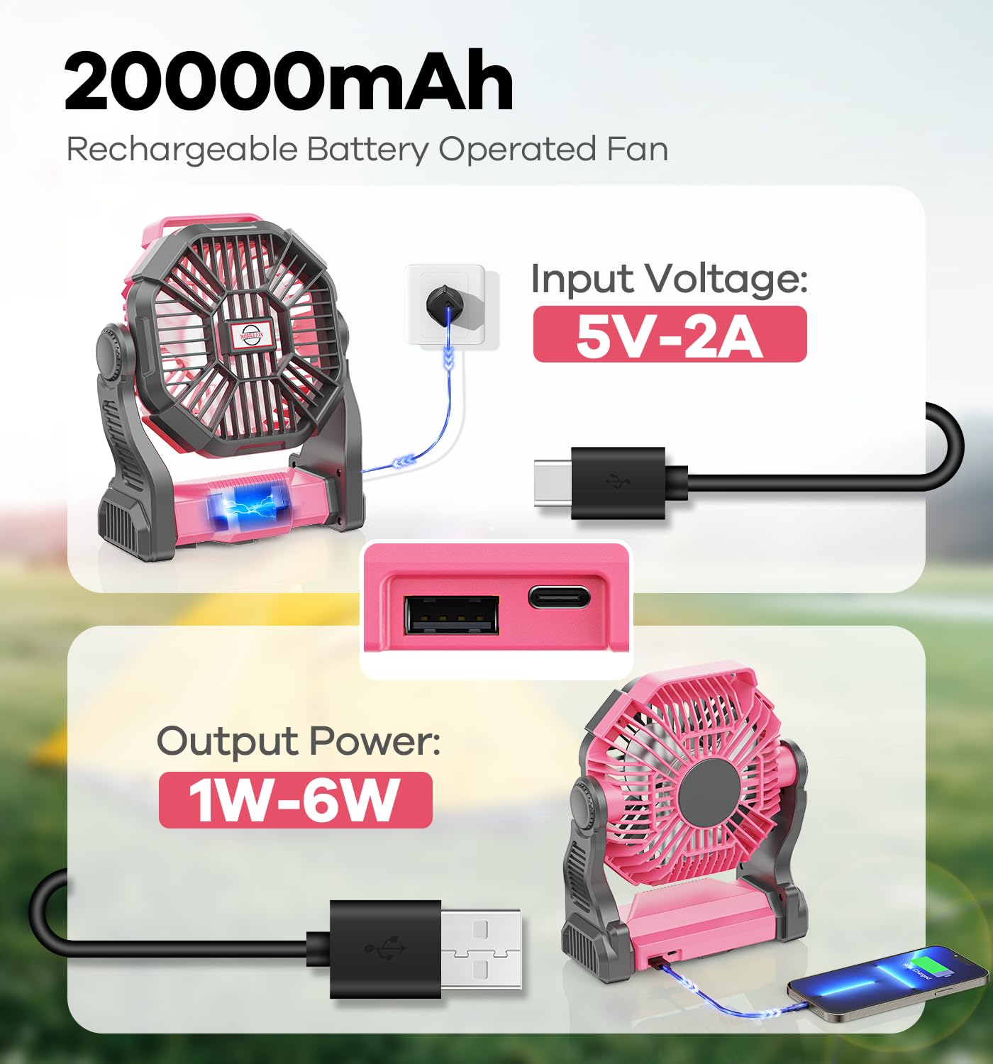 Camping Fan With Led Lantern, 20000Mah Portable Rechargeable Battery Powered Table Fan With Hook
