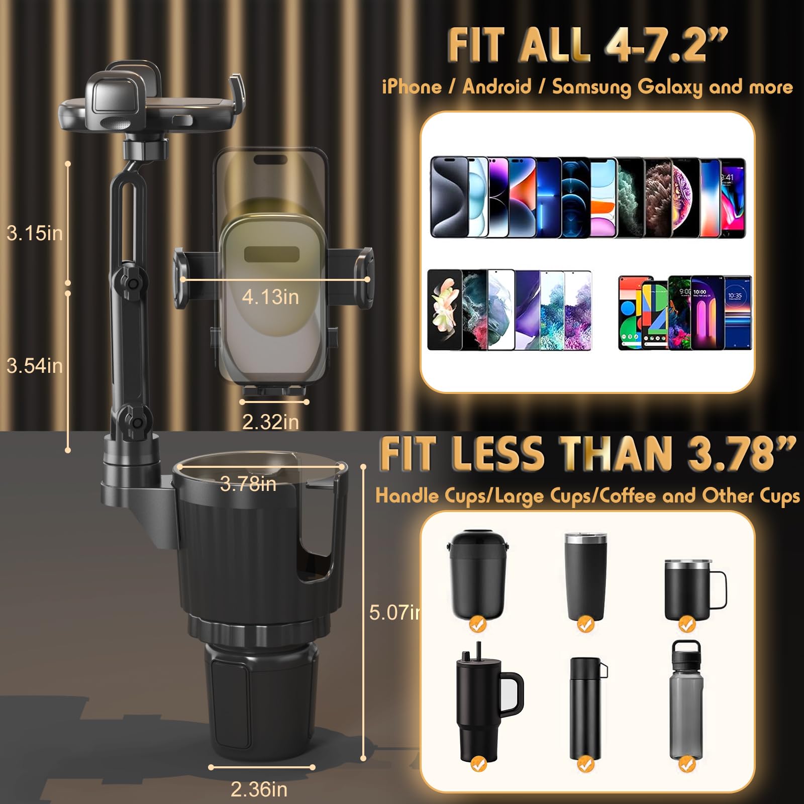 Bokilino Cup Holder Phone Mount, 2 In 1 Universal Cup Holder Expander Adjustable Base With Phone Mount, Long Arm With 360°Rotation Phone Cup Holder For Car Compatible With All Smartphones
