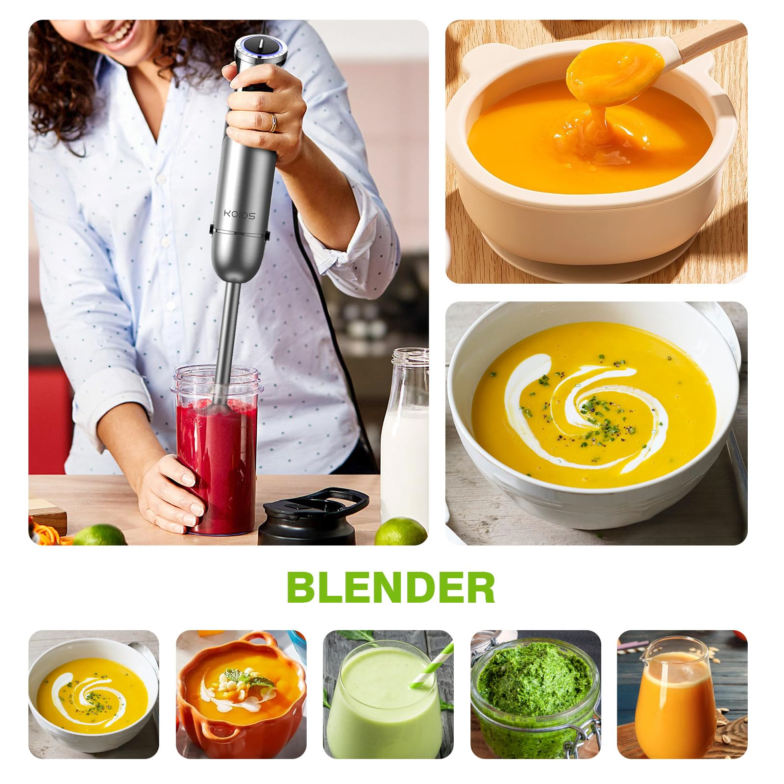 Koios Immersion Hand Blender, 5-In-1 Hand Blender With Entire Stainless Steel Blender Shaft, Full Copper Motor, Built In 12 Speed Turbo Stick Blender, Handheld Blender For Baby Food, Smoothies, Soups