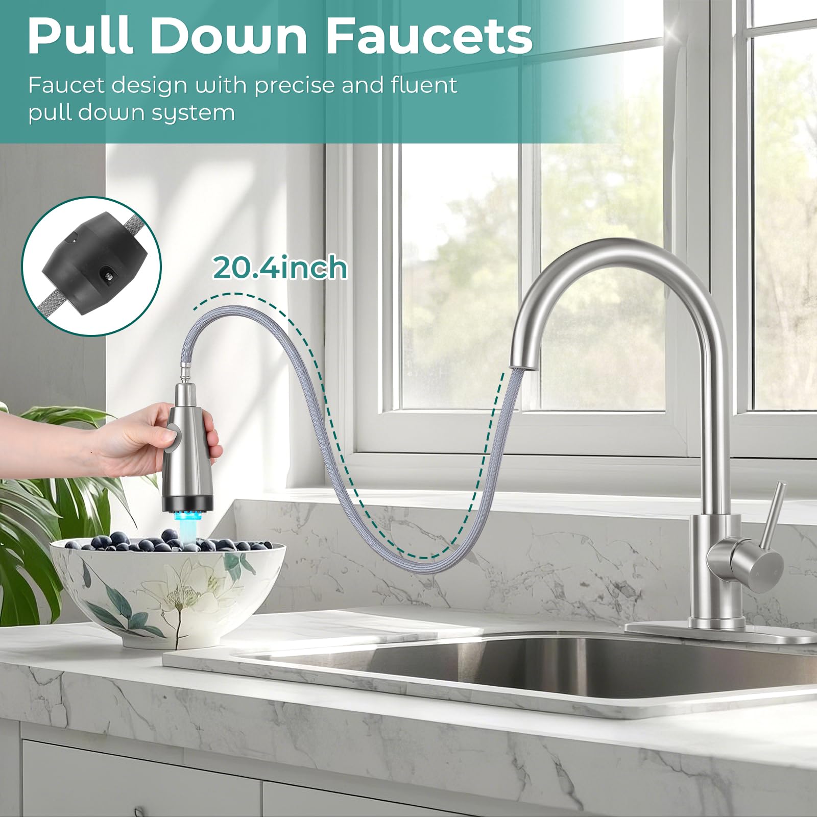 Aklfgn Led Light Kitchen Faucet With Pull Down Sprayer High Arc Single Handle Stainless Steel Sink Faucets, Suitable For 1 Or 3 Hole Brushed Nickel Kitchen Faucet