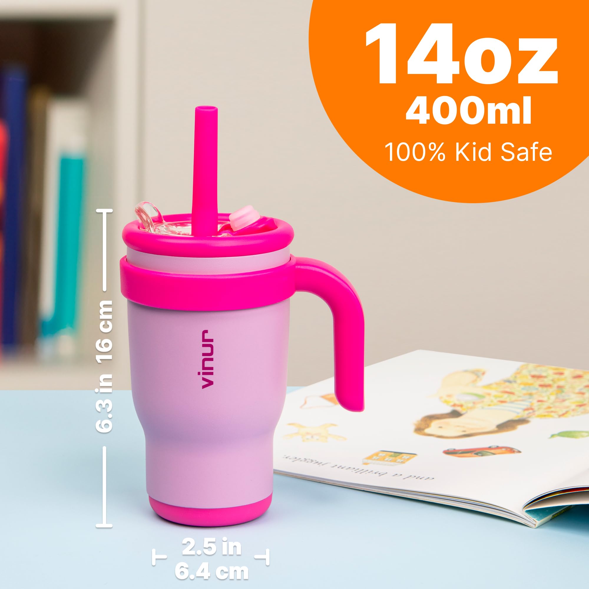Vinur Kids Tumbler With Handle -14 Oz Stainless Steel Vacuum Insulated Leak Proof Travel Tumbler