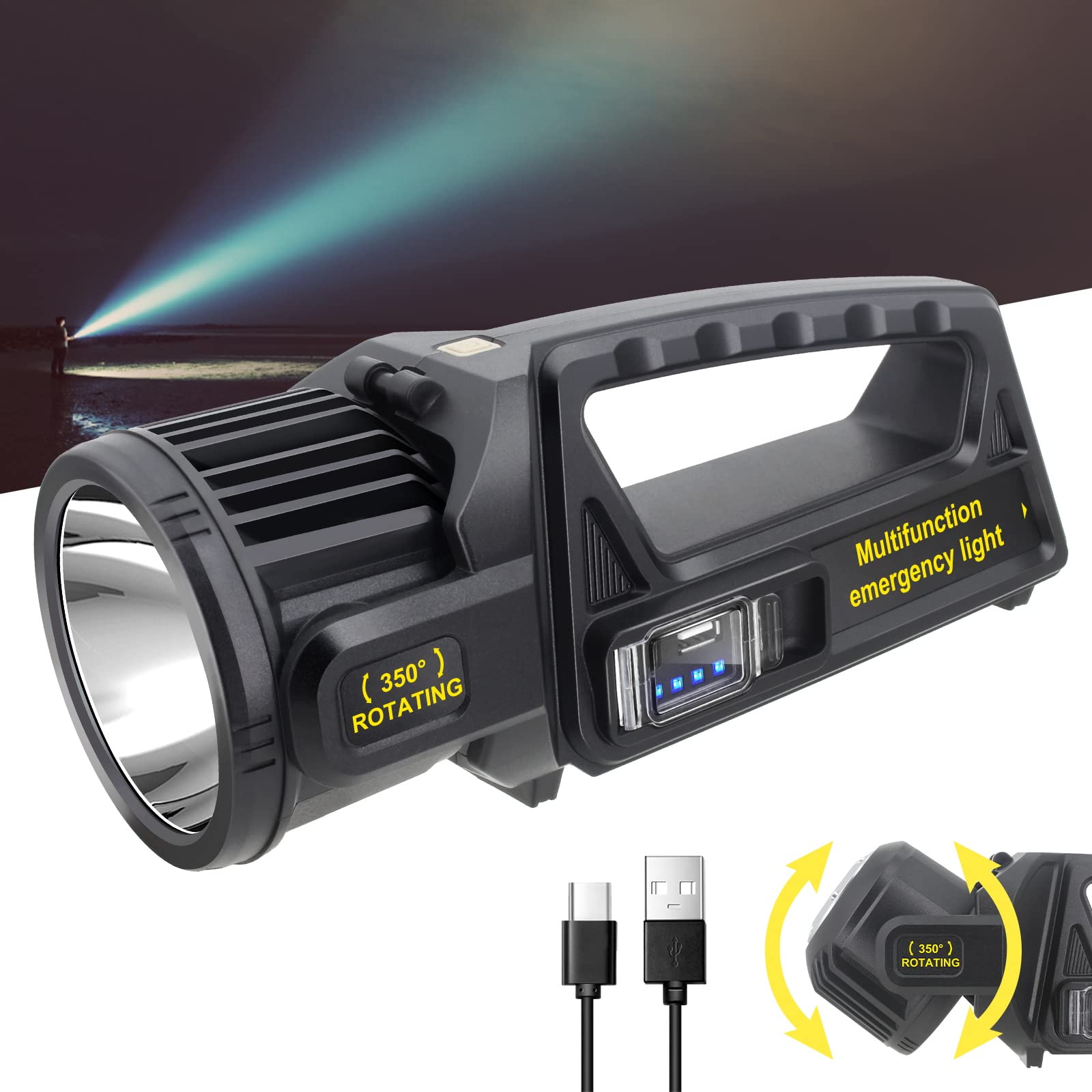 Jsknb 3000000 Lumens Spotlight, 9 Modes Rechargeable Led Spotlight Flashlight With 350° Rotate Head, Super Bright Spot Lights Outdoor Handheld, Waterproof Solar Flashlight For Emergencies, Xx-Large