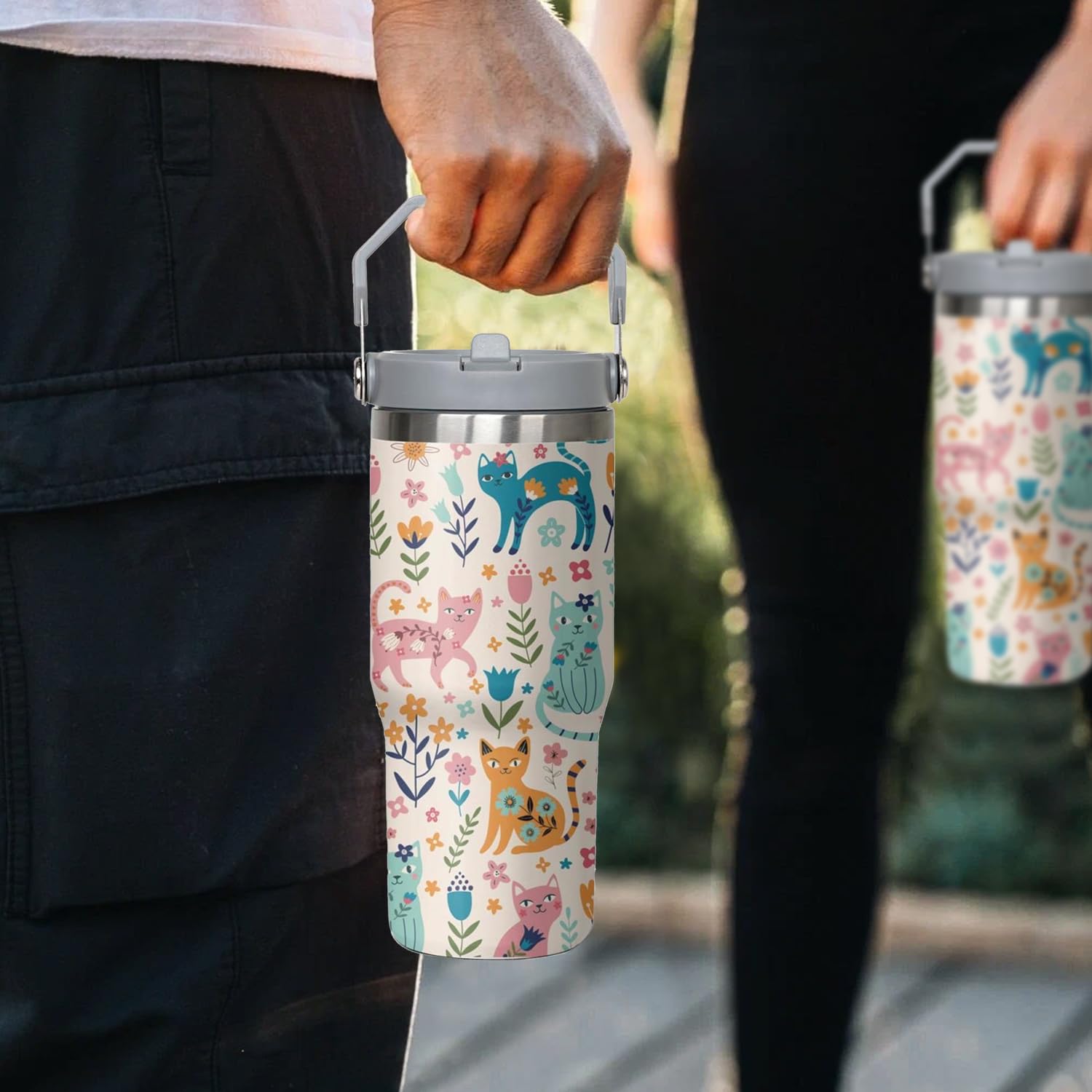 30 Oz Cat Flip Strawtumbler Lid And Straw,Funny Cat Leakproof Insulated Stainless Steel