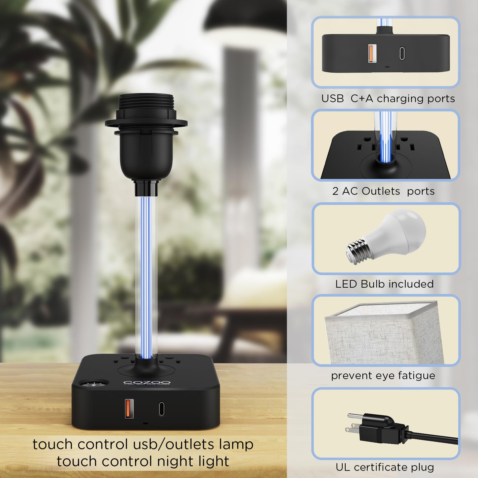 Cozoo 3 Way Dimmable Touch Bedside Table Lamp With 3 Usb Charging Ports 2 Outlets Power Strip,Black Charger Base White Fabric Shade,Led Desk Night Light For Bedroom/Nightstand/Living Room/College Dorm