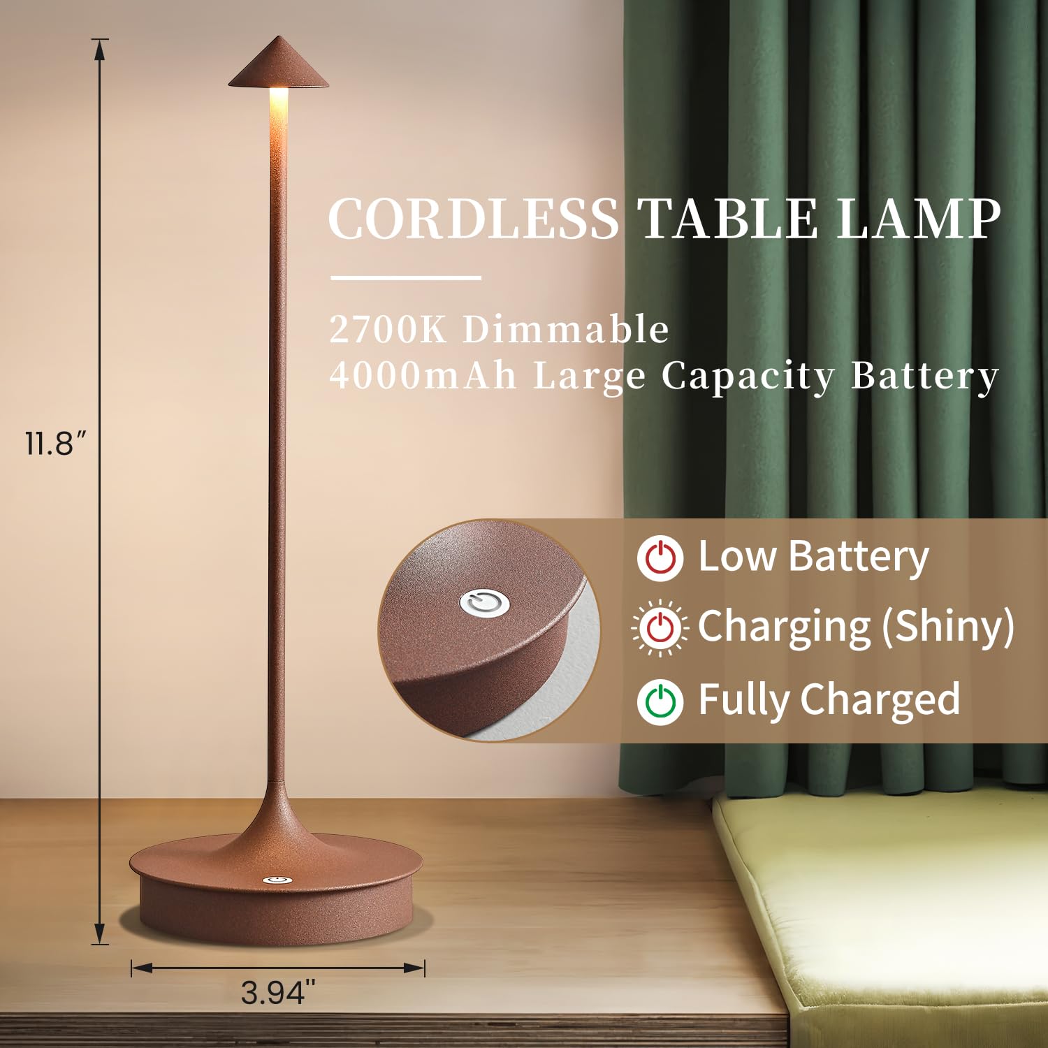 Baizhou Cordless Table Lamp Rechargeable Led Battery Operated 4000Mah Table Lamp Touch Dimmable Lamp Outdoor Waterproof Portable Wireless Table Light For Dining Restaurant Bar Indoor/Outdoor Use (Brown-1Pc)