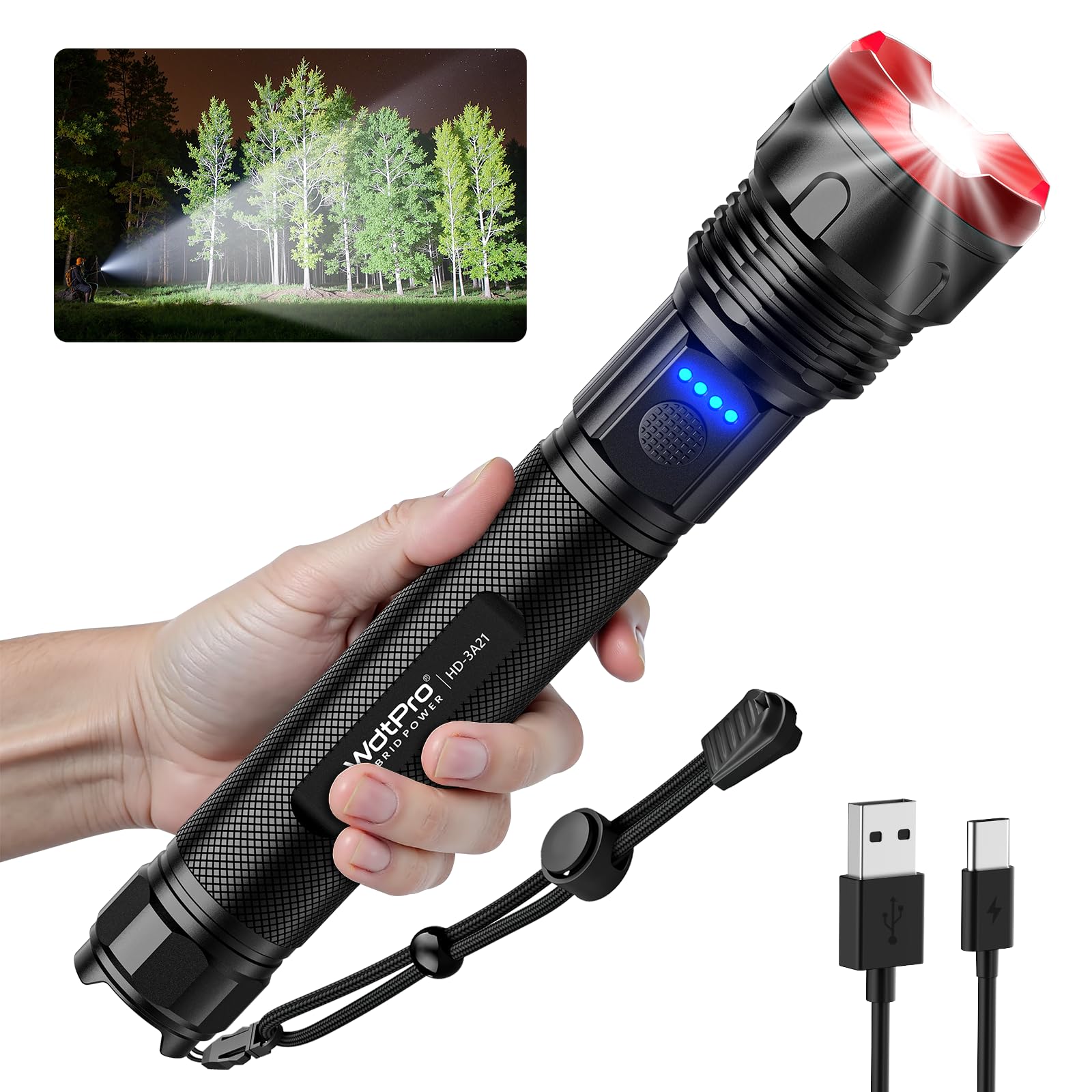 Wdtpro Rechargeable Flashlights High Lumens, 980000 Lumens Super Bright Flashlight, Powerful Led Flashlight With 5 Modes, Adjustable Focus, Ipx7 Waterproof, Type-C & Usb Charging For Emergencies