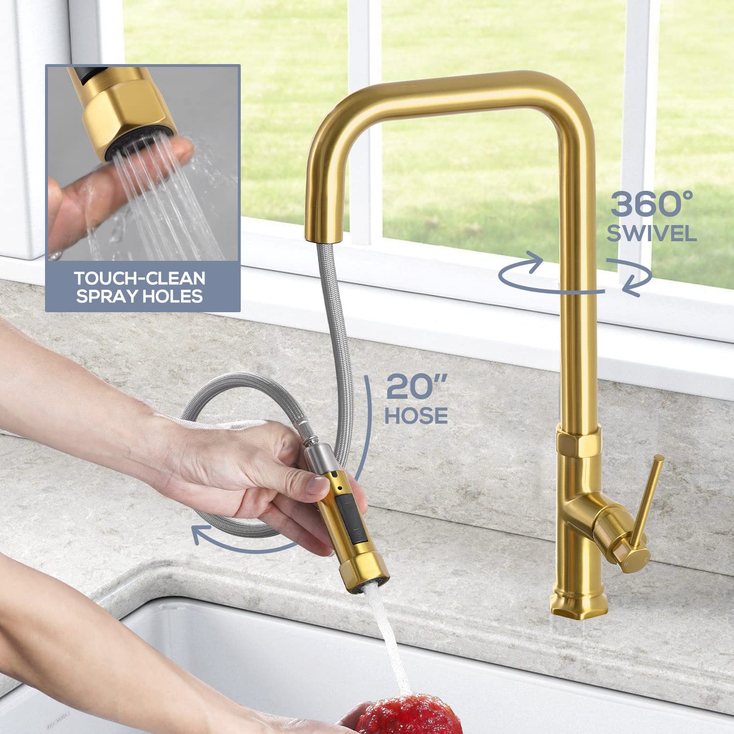 Abtiabgy Gold Kitchen Faucets Brass Kitchen Faucets With Pull Down Sprayer Modern Single Handle Kitchen Sink Faucets With Deck Plate Kitchen Faucet Gold For 1 Or 3 Hole Sink