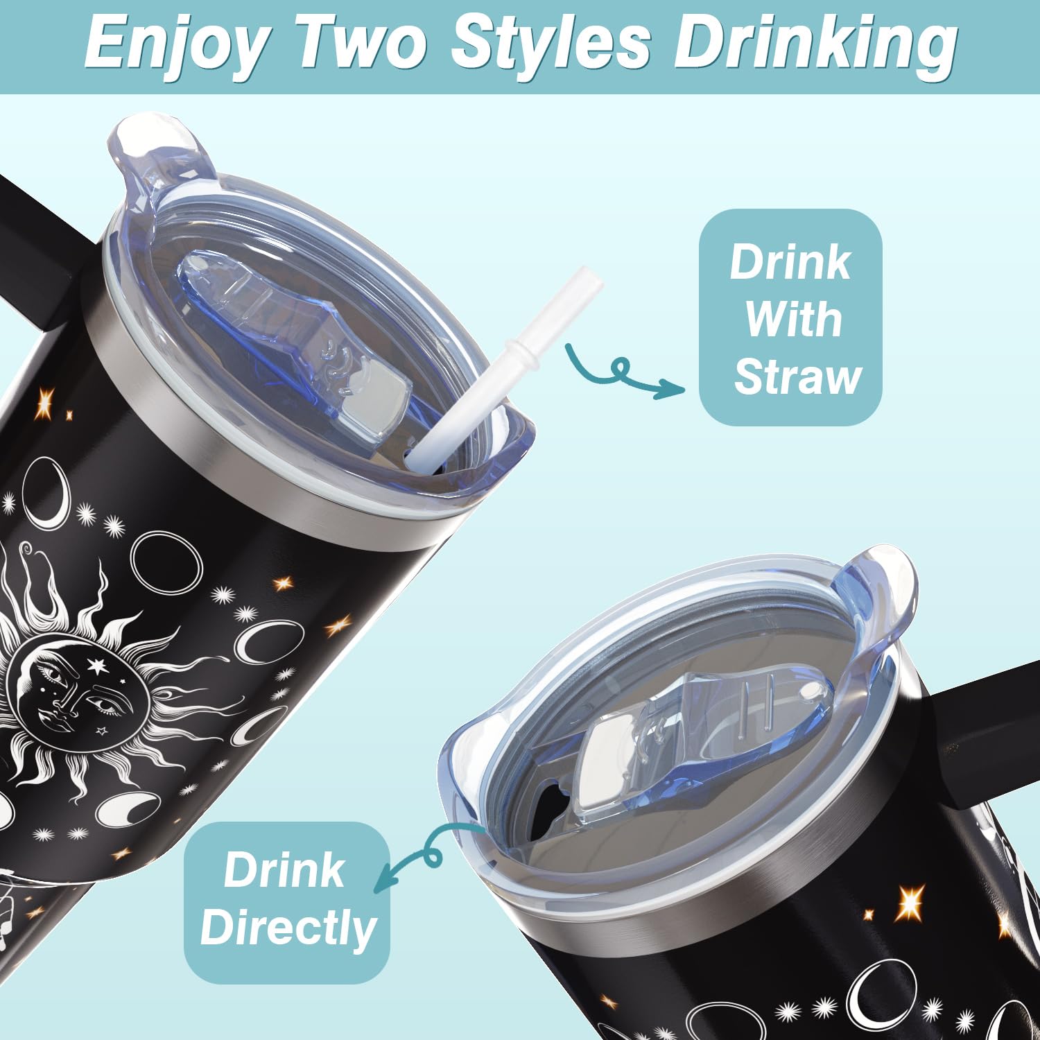 40 Oz Sun And Moon Tumbler With Handle And Straw,Stainless Steel Cup Extra Large Vacuum