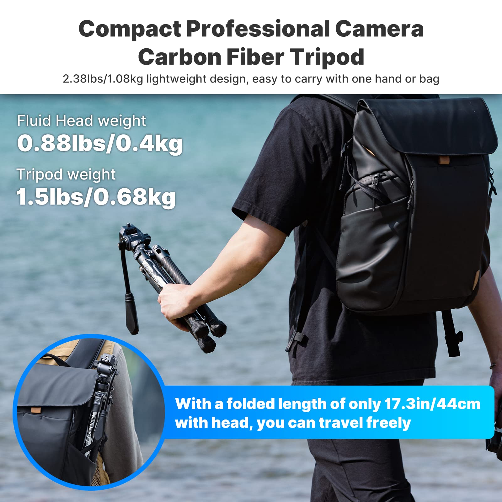 Jusmo Ulanzi F38 Video Travel Tripod, 61.4" Carbon Fiber Tripod W Quick Release Fluid Head, 2.38Lbs Ultra Lightweight Portable Stable Professional Camera Photo Video Tripod, Load Up To 22Lbs, With Bag