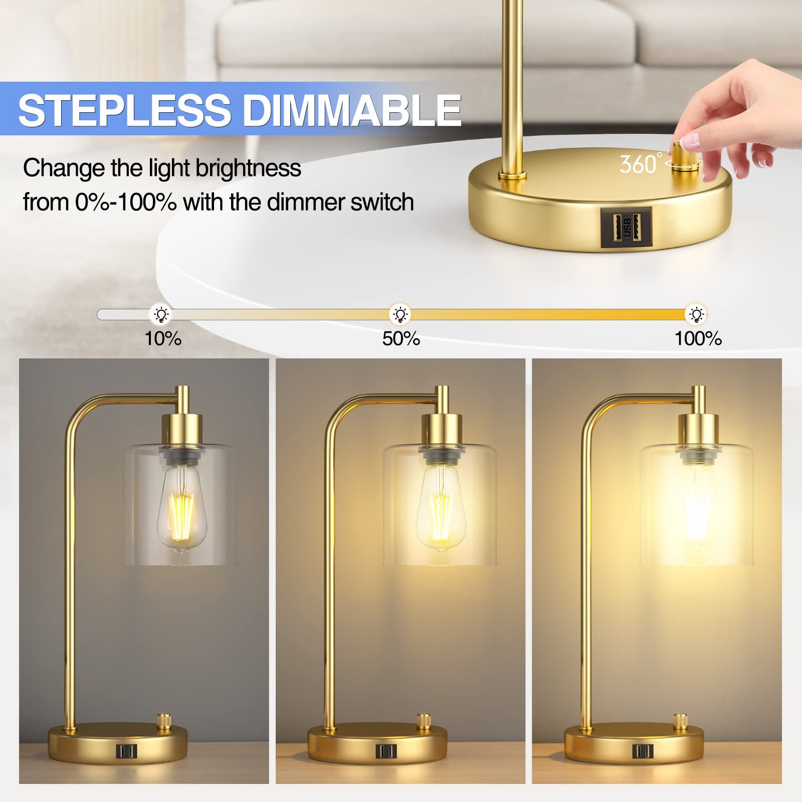 Cnxin 16.5" Gold Industrial Table Lamps For Bedrooms With 2 Usb Ports, Fully Stepless Dimmable Modern Nightstand Lamps Set 2, Small Lamps For Living Room Side Table, Bulbs Included
