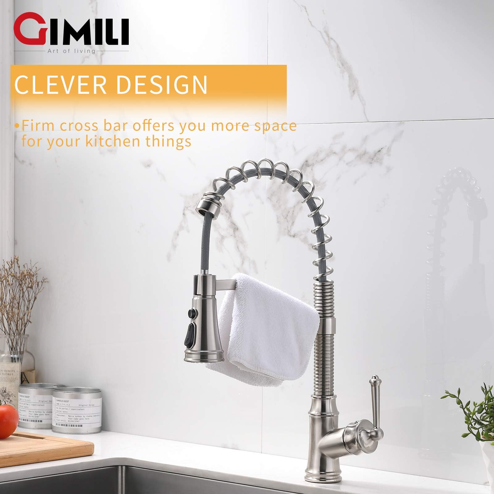 Gimili Kitchen Faucet With Pull Down Sprayer Single Handle Lever Spring Kitchen Sink Faucet Brushed Nickel