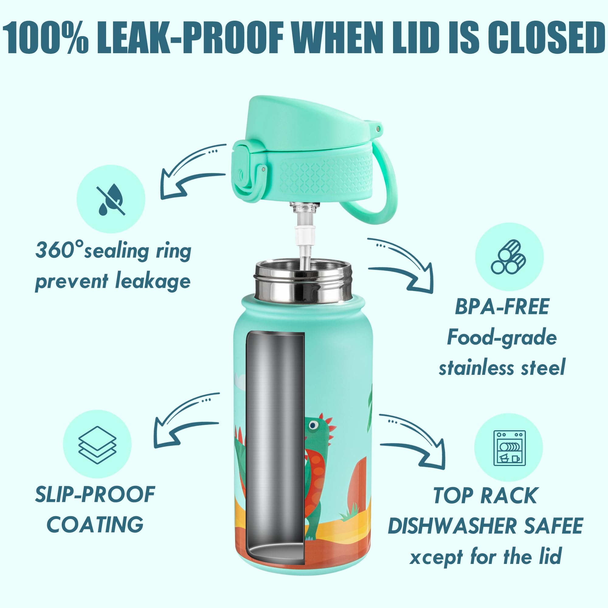 Oldley 12Oz Kids Water Bottle, Stainless Steel Insulated Water Bottle For Kids, With Straws Leak-Pr
