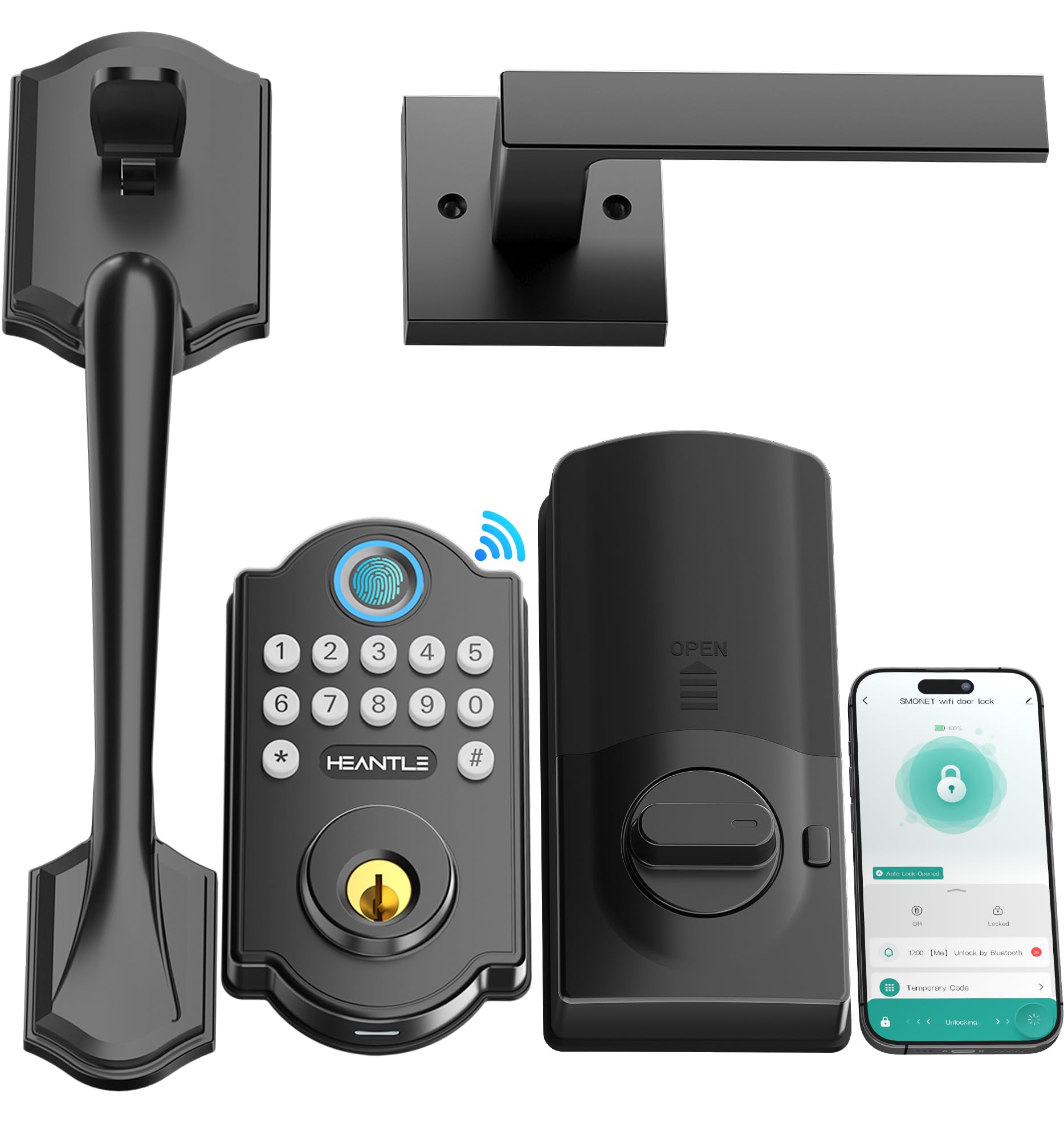Heantle Smart Wifi Door Lock Set - Keyless Entry Door Lock, Front Door Handles Set, Fingerprint Electronic Keypad Deadbolt Lockset With App Remote Control, Alexa Voice, Auto Lock For Home, Rental