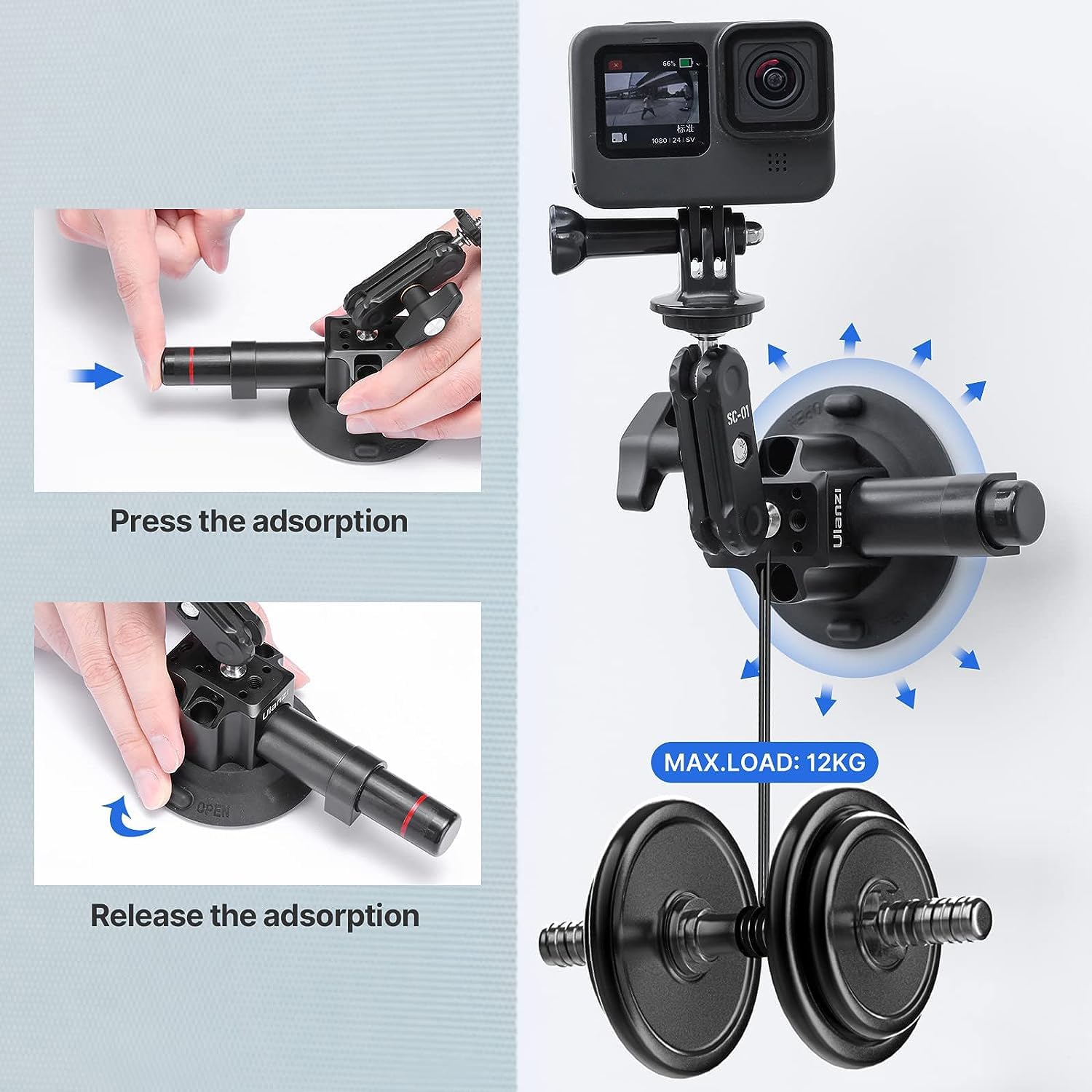 Uurig Sc-01 Suction Mount 3" For Vlogging Action Camera Car W Smartphone Clamp For Iphone 16 15 14 13 Pro Max, 1/4" Magic Arm Adapter Mount Desk Suciton Mount For Car Windshield Window