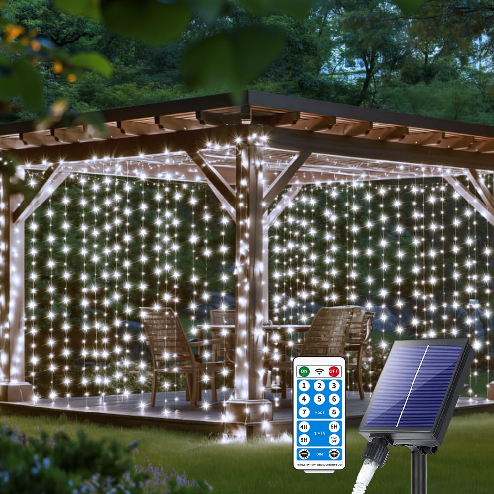 Qlirjad Solar Curtain Lights 1010Ft 300Led Waterproof Waterfall Light With 8 Modes Remote Type C Charging Dimmable Timer Twinkle Fairy String Lights For Outdoor Christmas Gazebo Wedding Party Pergola Patio