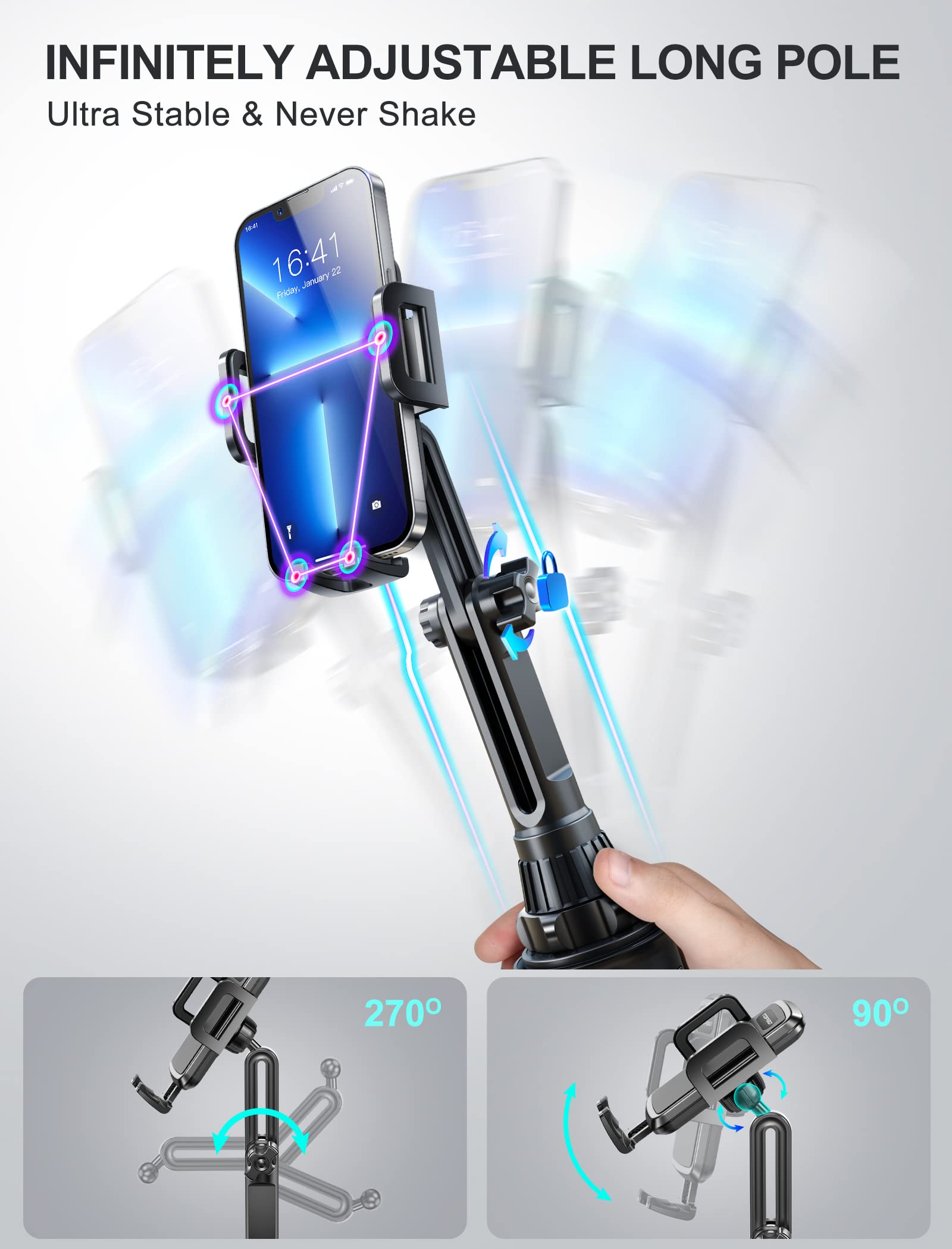 Topgo Cup Phone Mount, [Height-Adjustable Pole & Non-Shaking] Cup Phone Holder For Car, Cell Phone Cradle For Iphone 16 And All 4.0-7.0 Inches Smartphone - Black