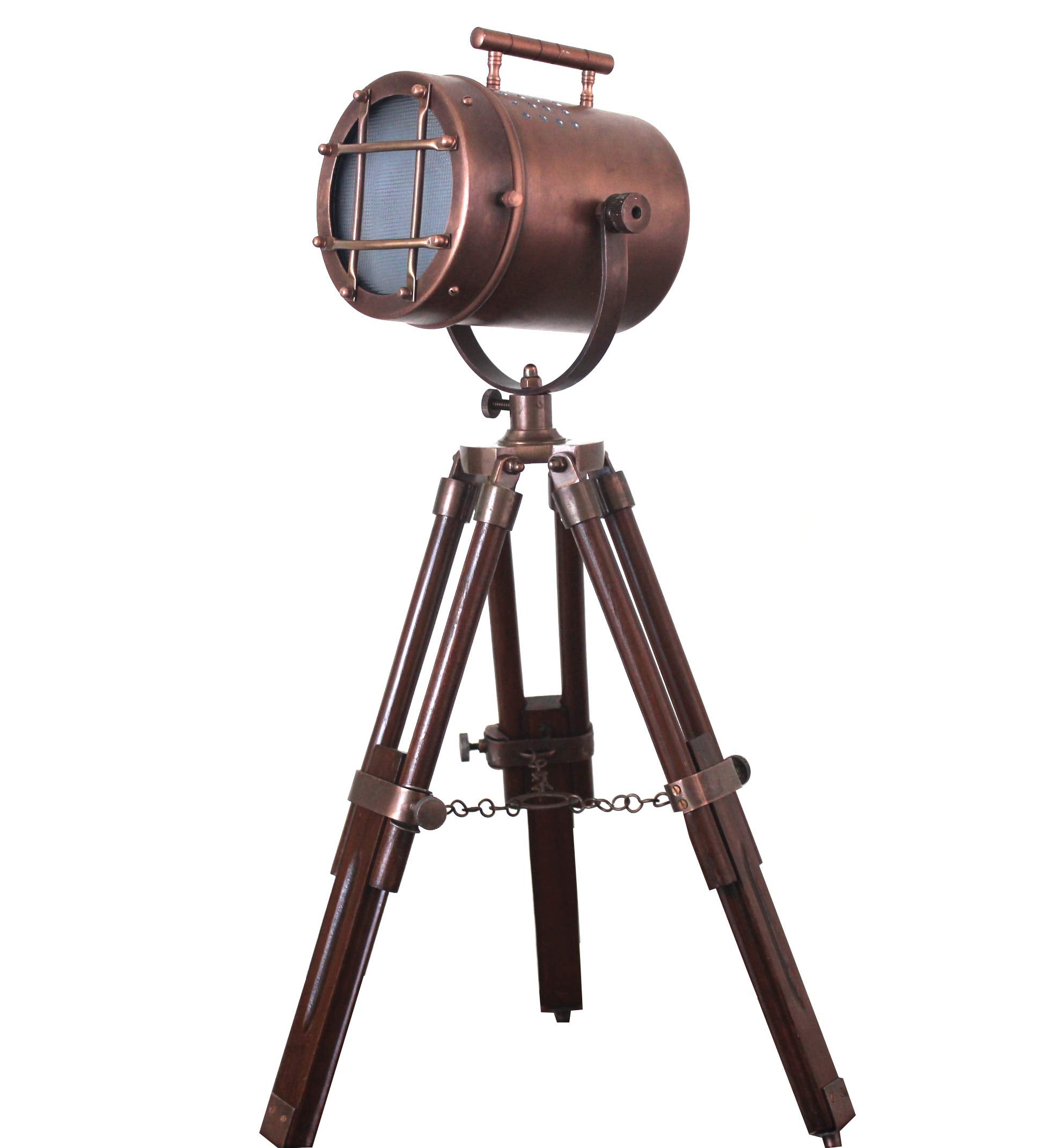 Collectiblesbuy Antique Copper Searchlight Table Lamp – Vintage Led Spotlight With Adjustable Wooden Tripod | Nautical Industrial Desk Light For Home Office Studio Decor | E27 Compatible, Handmade Collectible